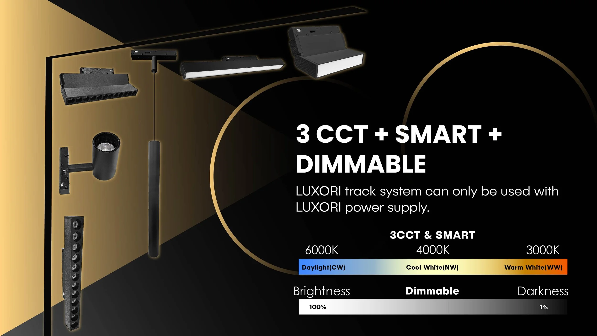 Customizable LUXORI magnetic track lights showing 3 CCT options (6000K CW, 4000K NW, 3000K WW) and smart dimming from maximum brightness to 1% darkness for total lighting control.