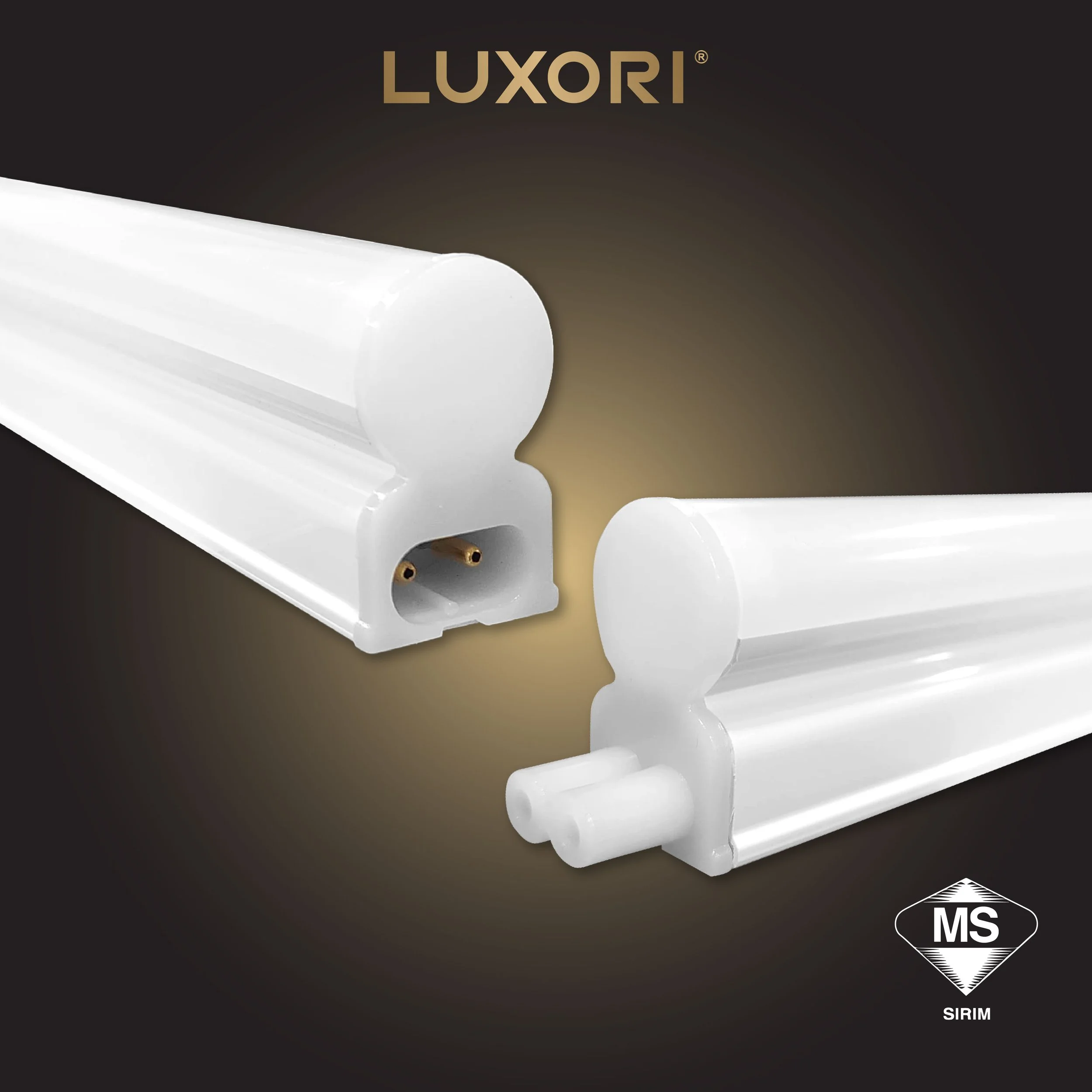 Two fluorescent light fixture profiles, one showing the end with electrical prongs and the other showing the end with a socket, on a dark background with a gold gradient and the brand name 'LUXORI' at the top.