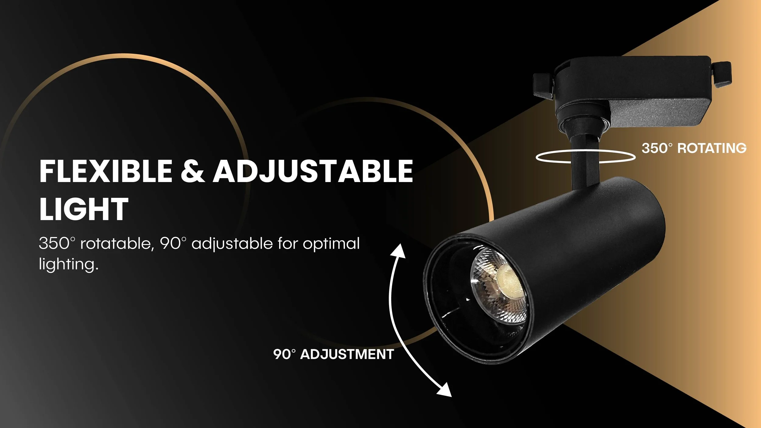 Black LED track light fixture with 350-degree rotation and 90-degree tilt adjustment for directional gallery and retail lighting.