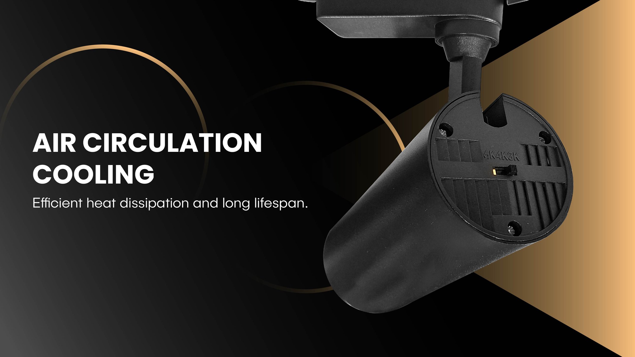 Rear view of a black track light showing air circulation cooling vents for efficient heat dissipation and long lifespan.