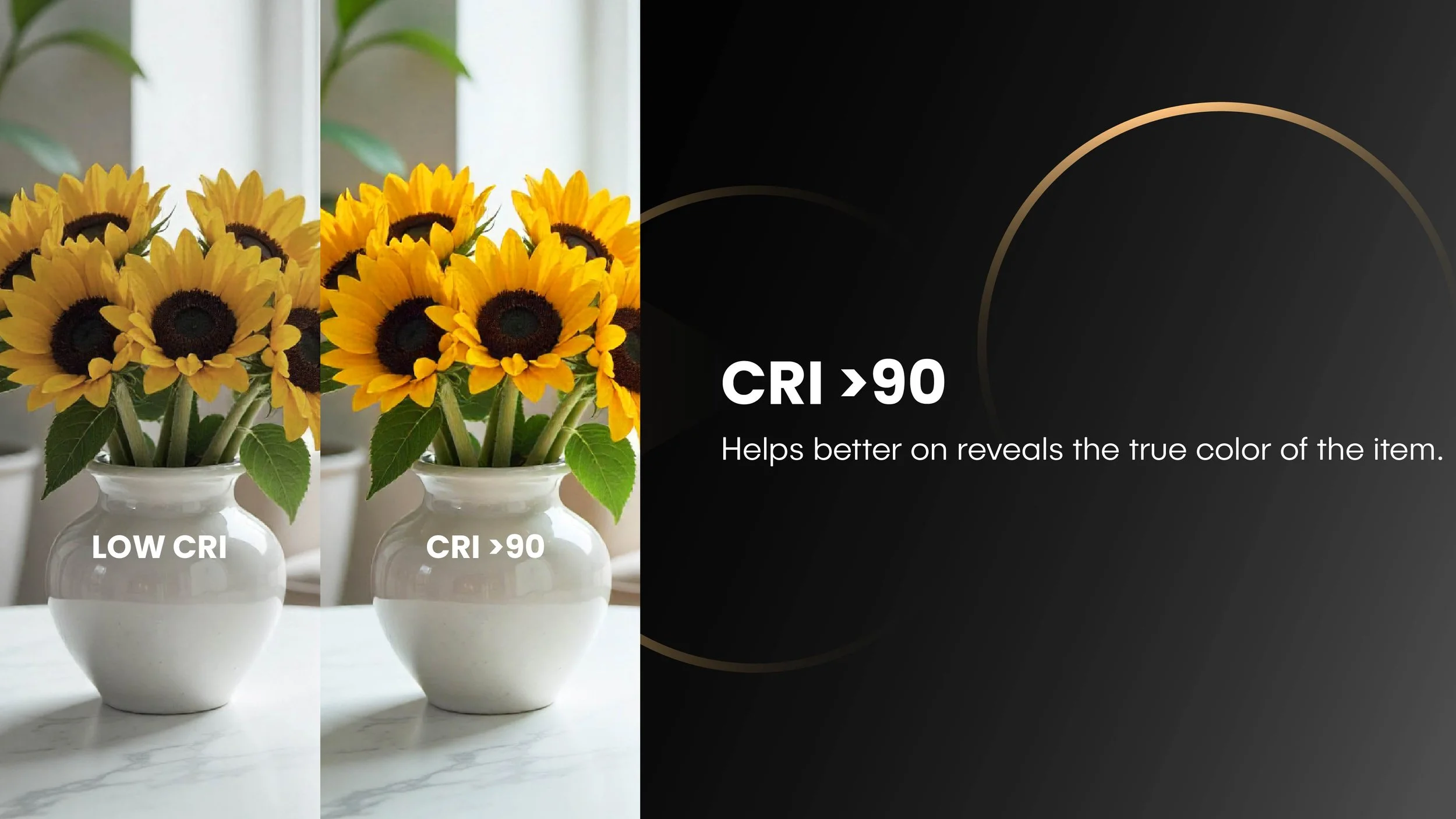 CRI >90 LED downlight comparison showing superior color accuracy and vibrant detail for retail and residential spaces.