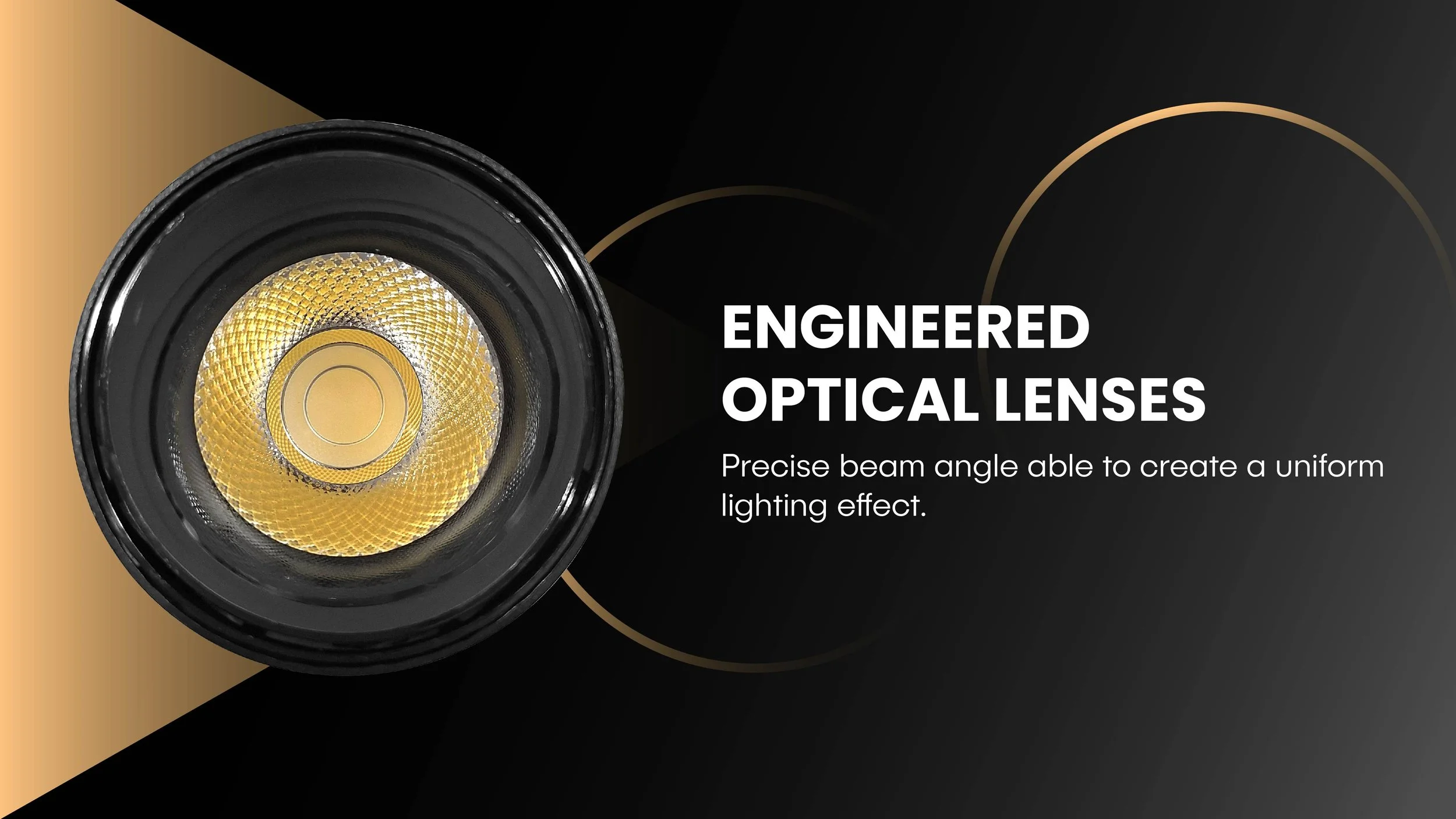 Engineered optical lens on a black LED spotlight fixture showcasing uniform lighting technology.