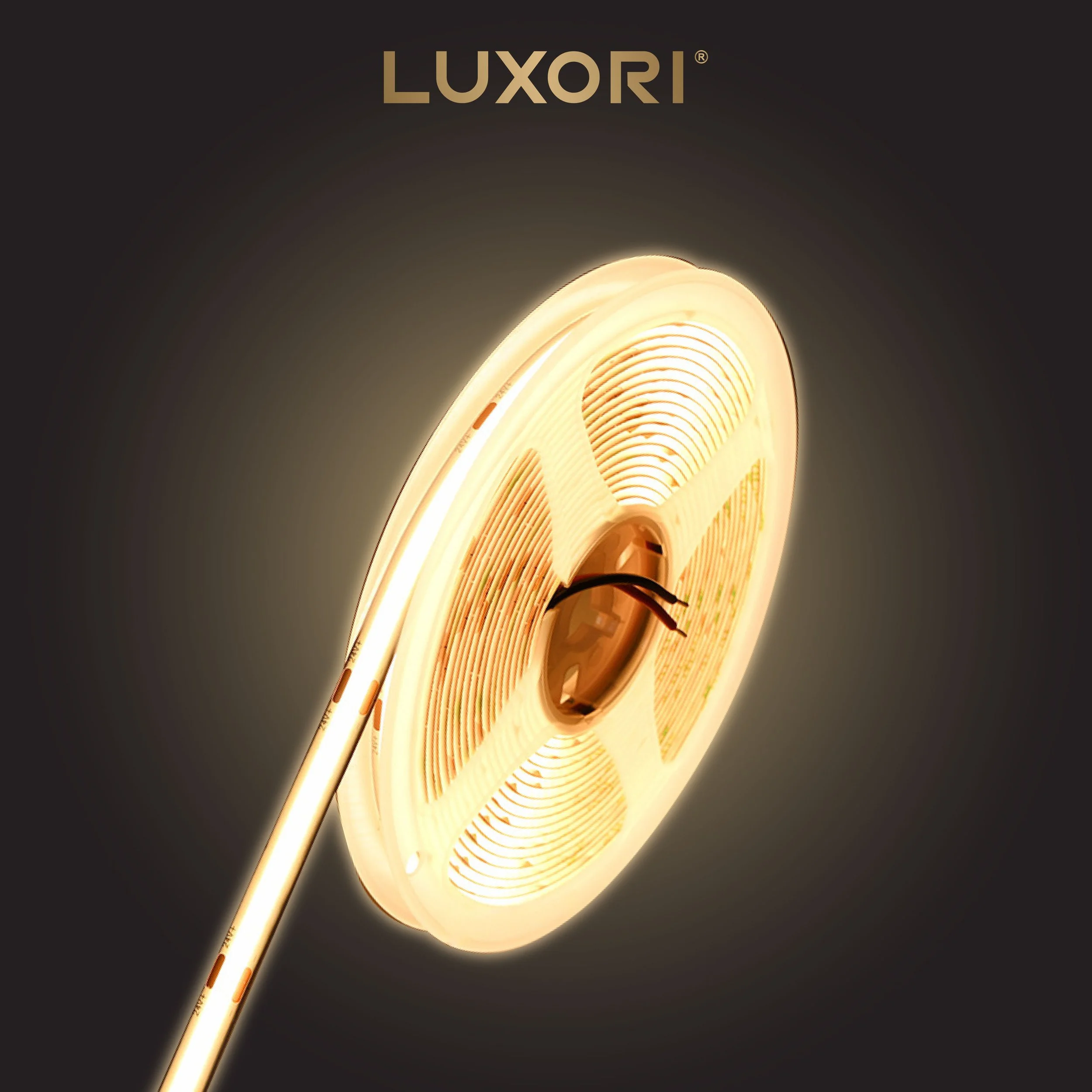 Upward view of an illuminated LED strip light coiled around a circular frame with the brand name 'Luxori' visible at the top.