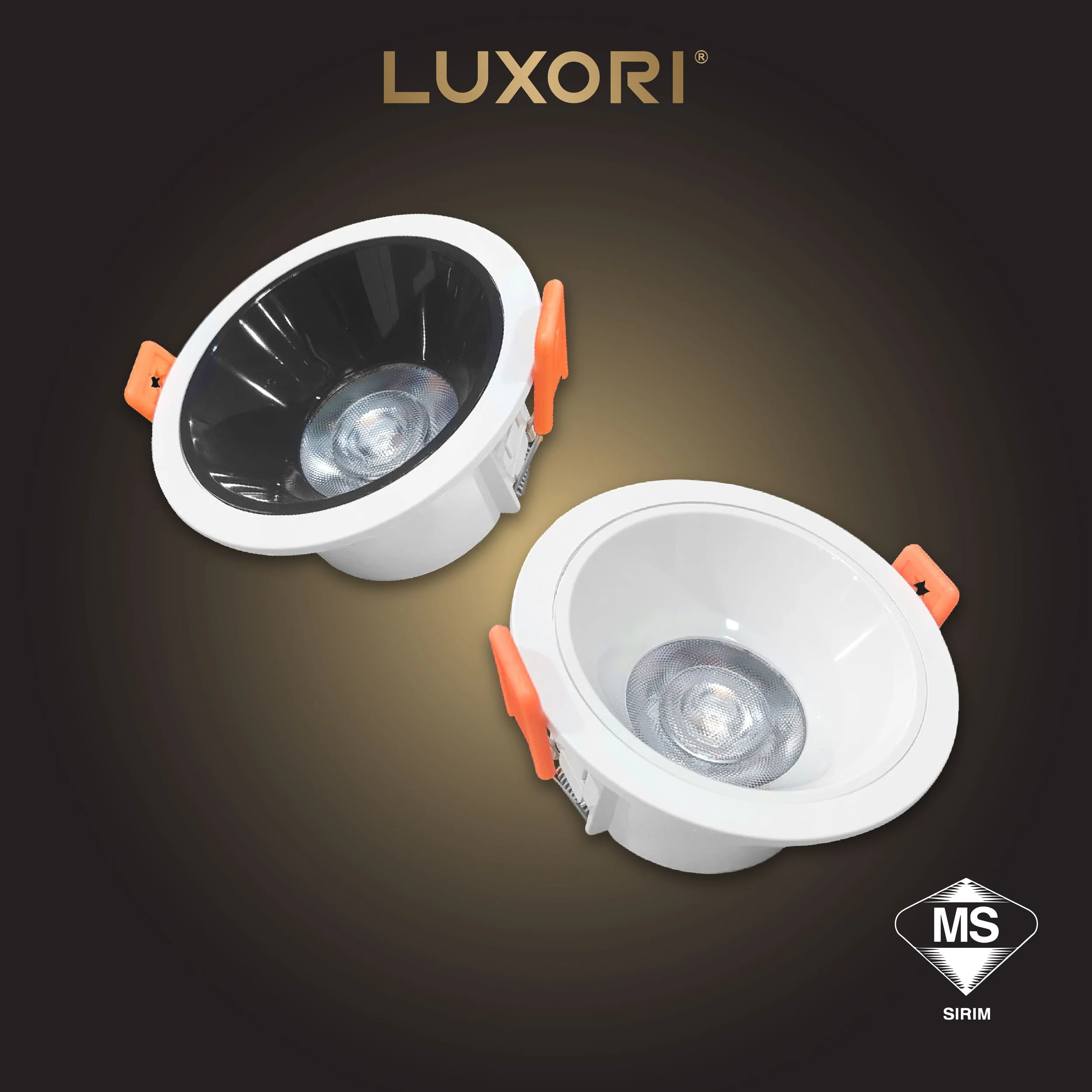 Two recessed adjustable LED downlights, one with a black interior and the other with a white interior, with orange clips for installation, branded Luxori, on a black background with a gradient spotlight effect, and a logo with the letters 'MS' and 'SIRIM' at the bottom right corner.