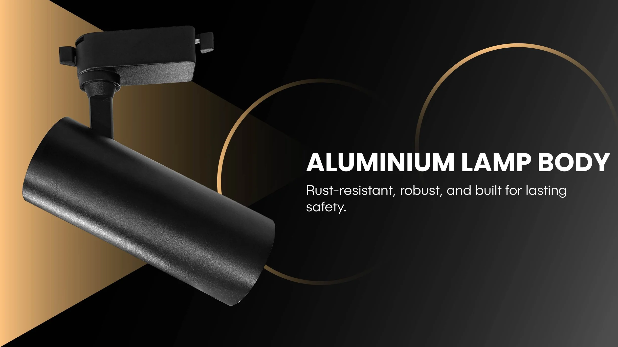 Modern black aluminium lamp body for a track light, designed to be rust-resistant and robust for lasting safety.