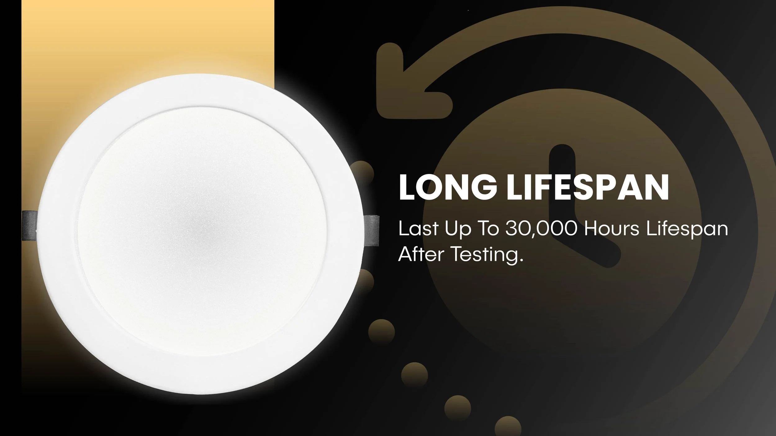 Slim round LED downlight fixture showing 30,000-hour long lifespan feature.