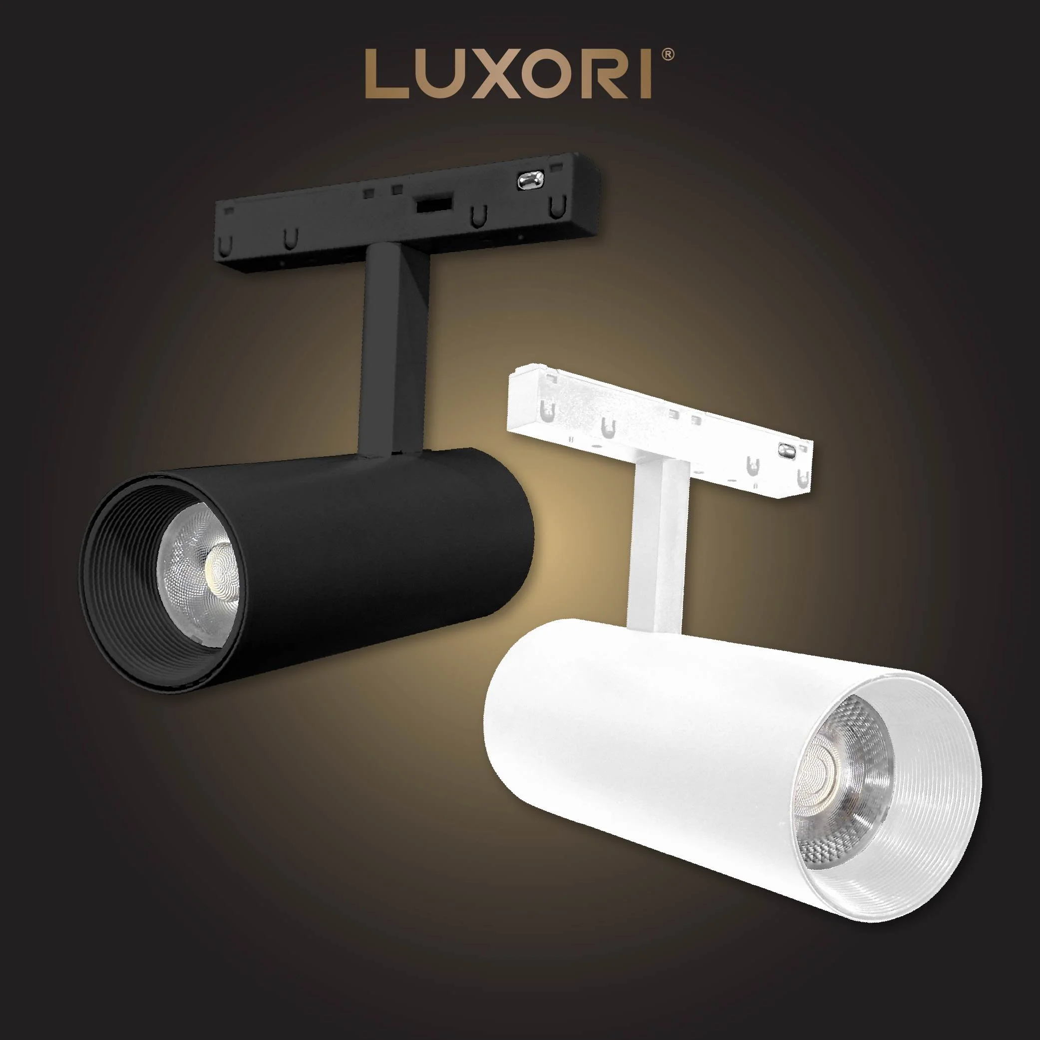 LUXORI modern cylindrical LED track lighting fixtures available in matte black and white finishes.