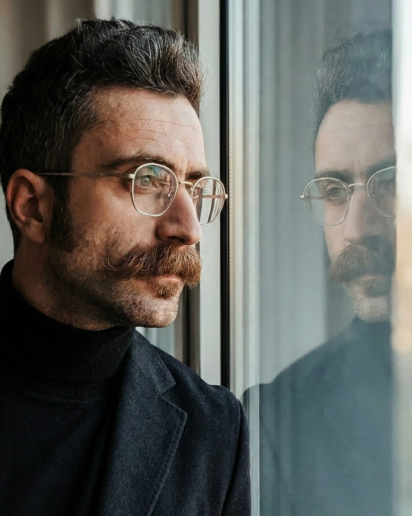 A man with dark hair, a beard, and glasses looks out of a window, with his reflection visible in the glass.