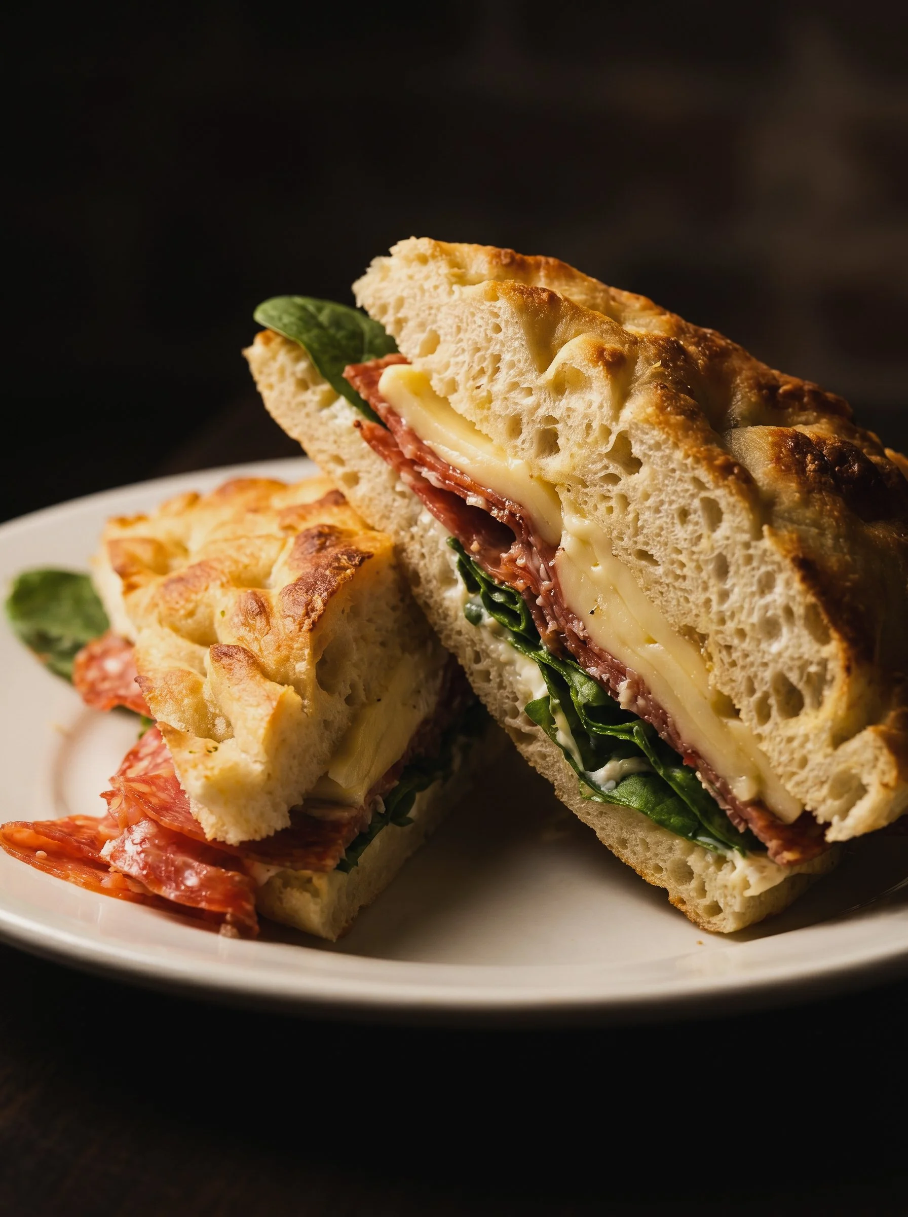 Close-up of a sliced Italian sandwich bread filled with salami, cheese, and spinach, placed on a white plate against a dark background.