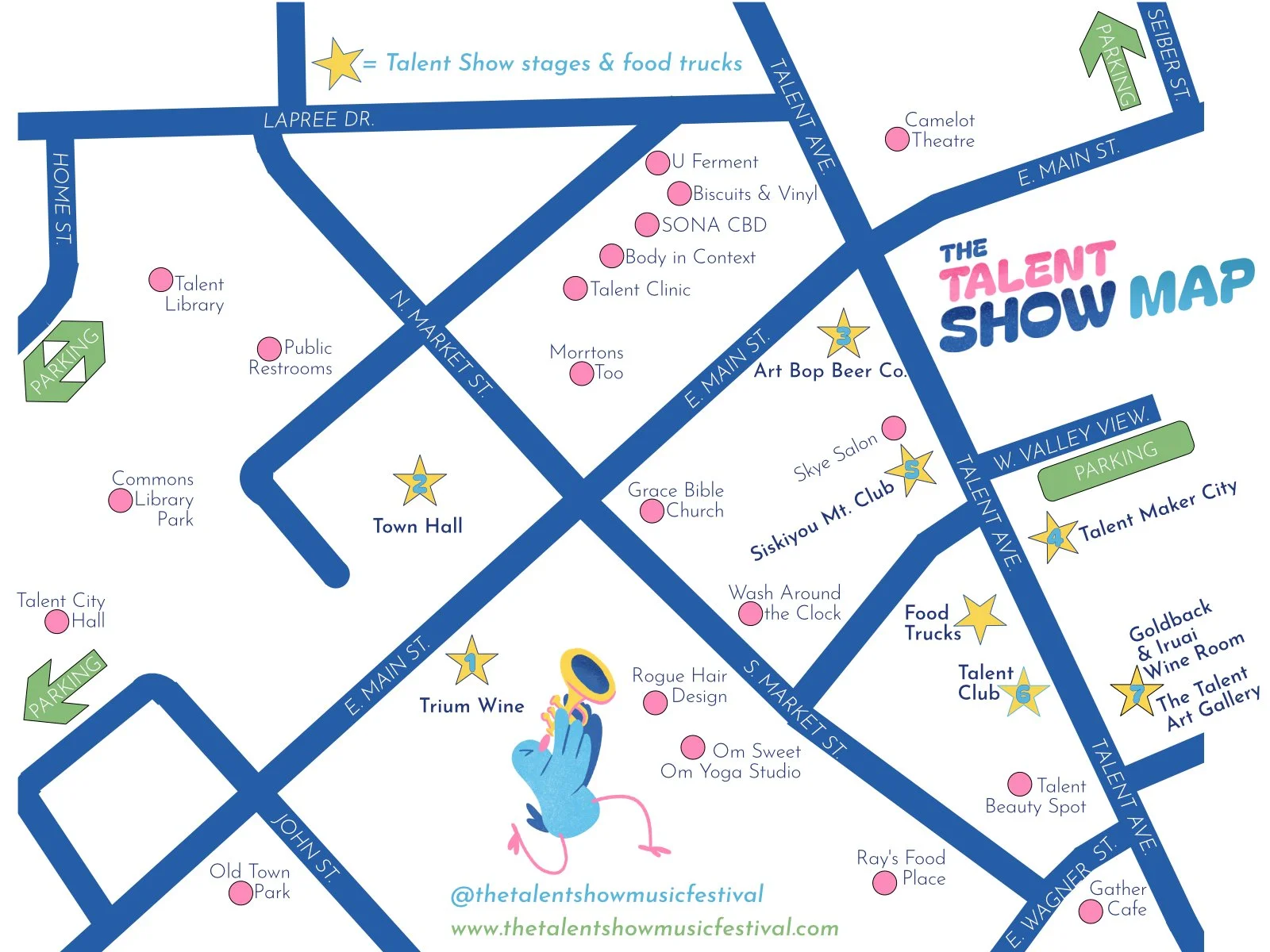 Plan your music route for the 2025 #talentshowmusicfestival !!! Do one lap or keep circling, the choice is yours!

Line up link in bio.

@triumwines @artbopbeerco @siskiyou.mountain.club @talentmakercity @talentclublive @talentwineroom @travelsouther