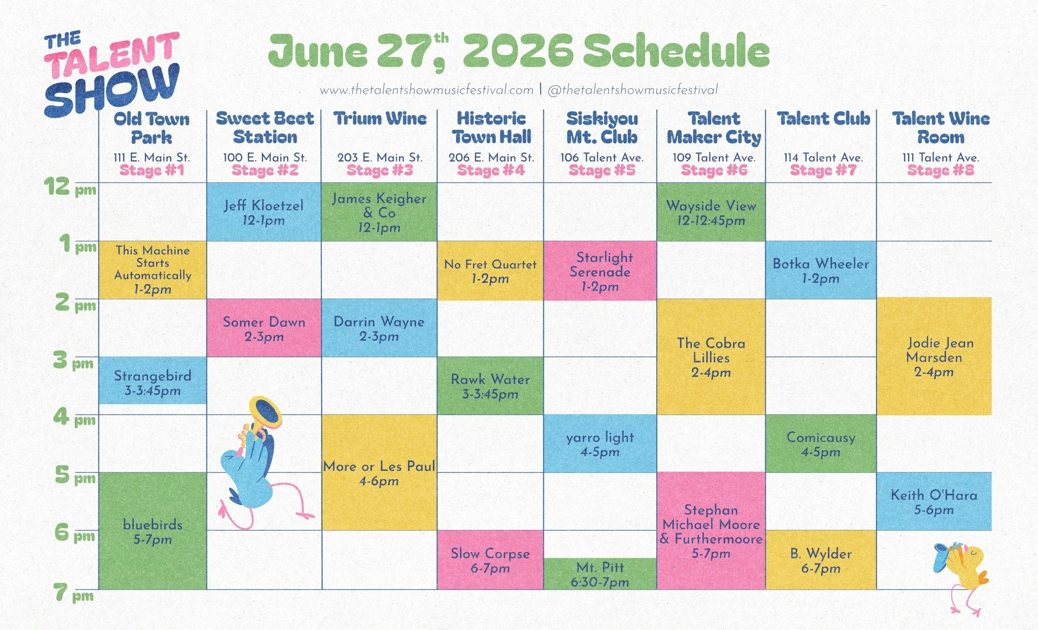 The The 2026 Talent Show Music Festival line up is here!!!

The Talent Show lineup is officially live &mdash; and we are SO filled with joy by the musicians coming to Downtown Talent this June 27.

Folk. Blues. Classical. Punk. Jazz. Rock. World Musi