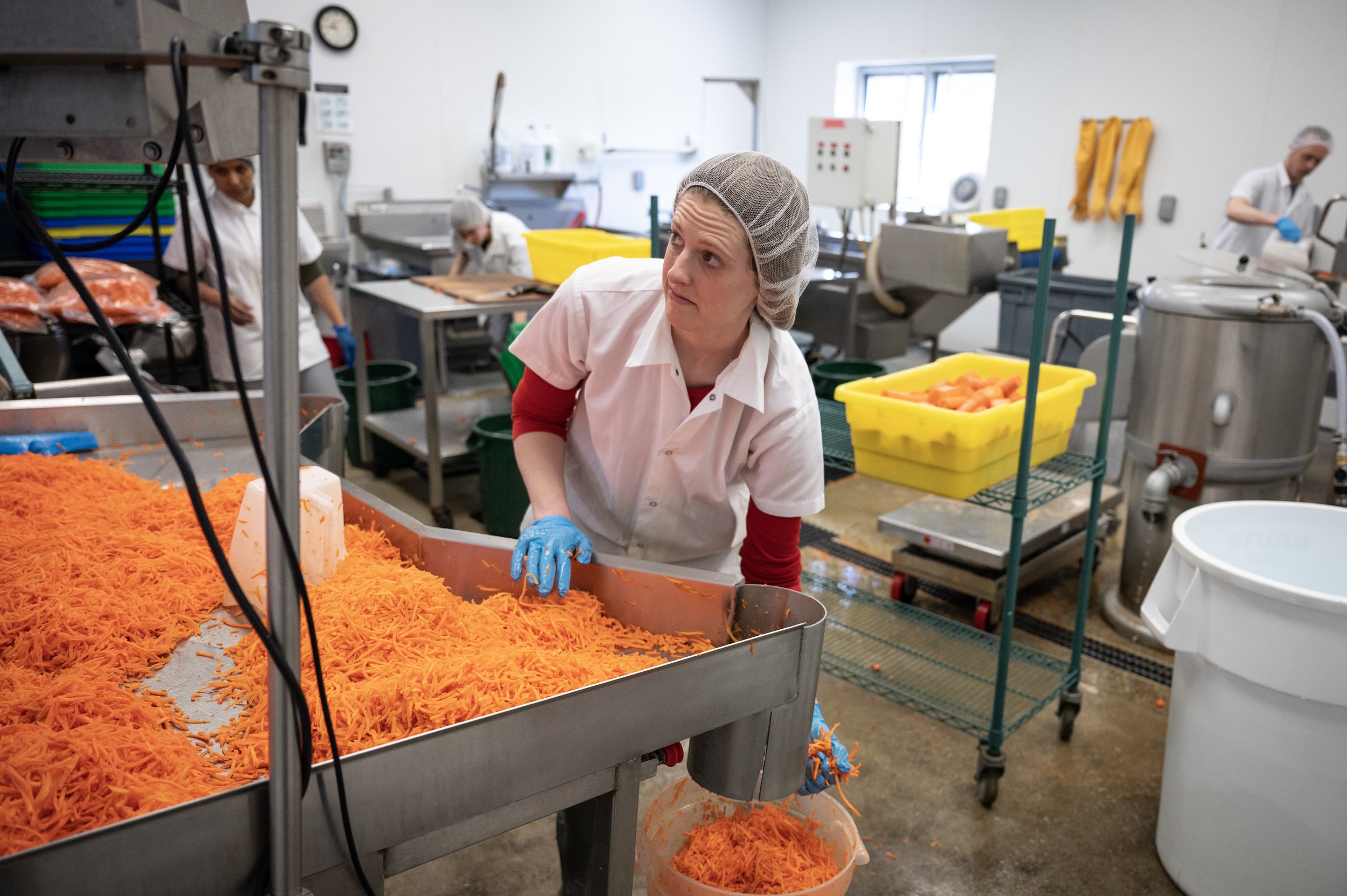 Jennifer Cornelius processes carrots for the Center for an Agricultural Economy’s Just Cut program on April 14, 2025, in Hardwick, Vermont. Just Cut distributes locally grown produce in ready-to-use form to institutions such as K-12 schools, colleges
