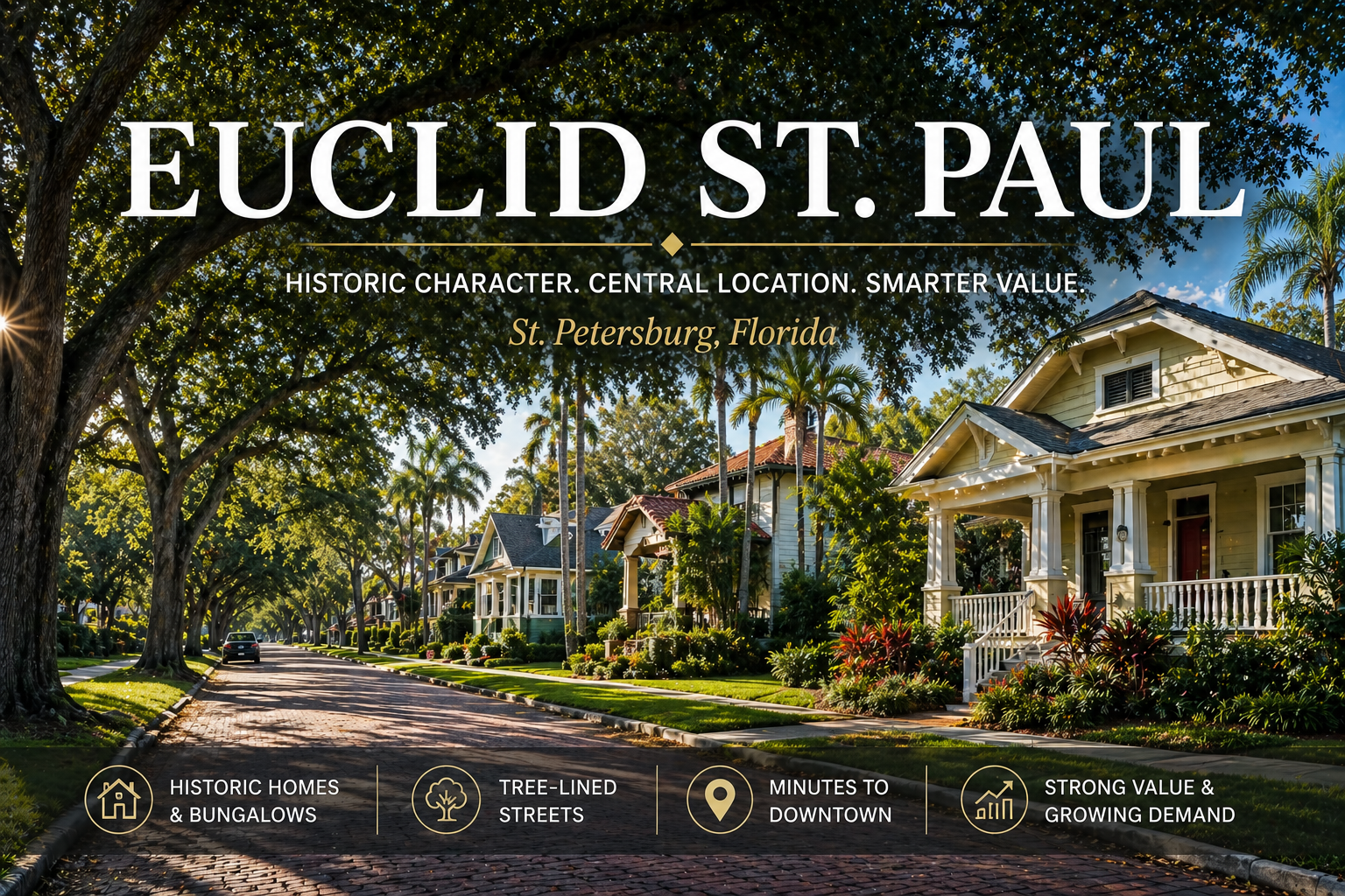 Homes for sale in Euclid-St. Paul in St. Petersburg, Florida with historic homes and bungalows, showcasing a residential neighborhood with mature trees and lush landscaping, close to downtown with strong value and growing demand.