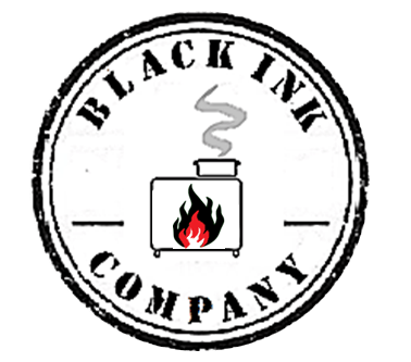 Logo for Black Ink Company featuring a radiator emitting smoke and flames, surrounded by a circular black border with the company name.