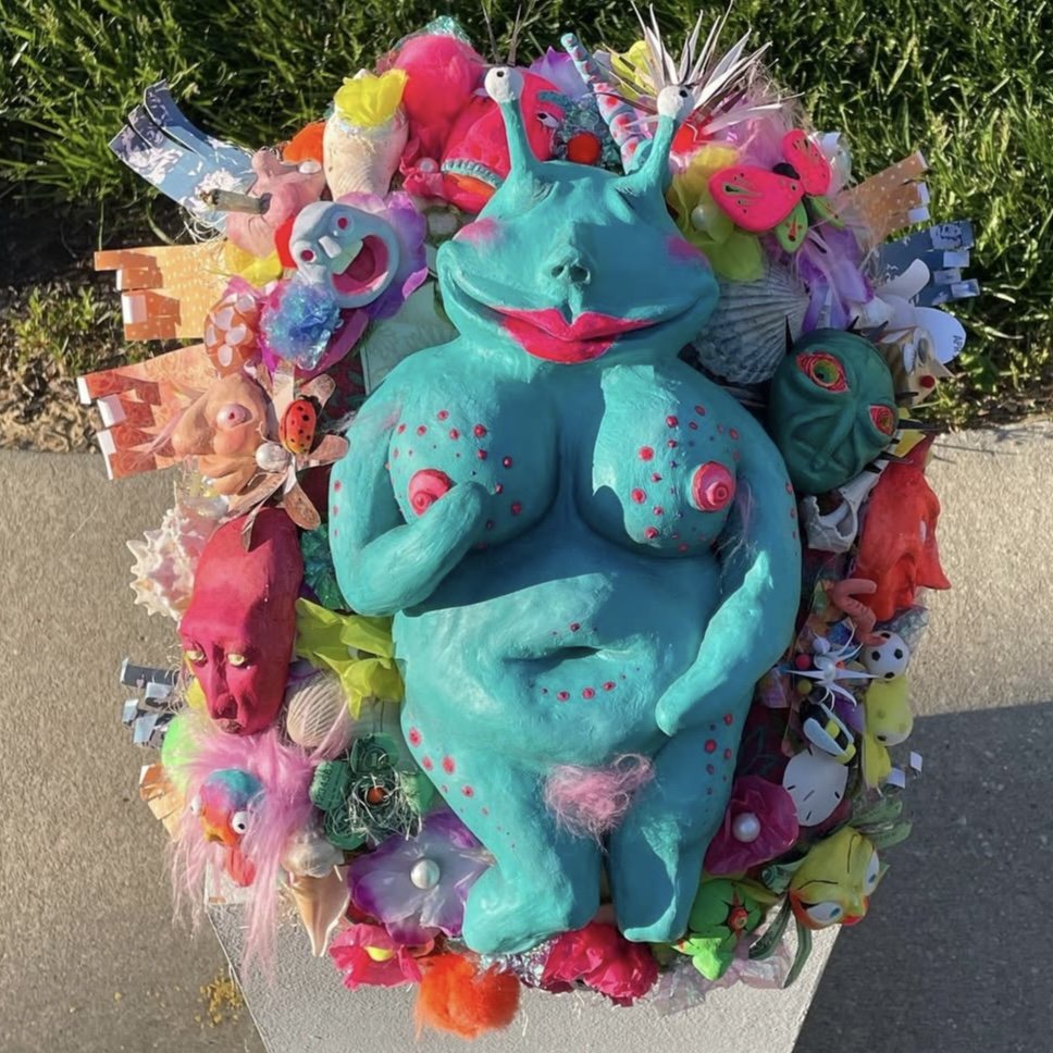 "Venus Iconoclast" 2023
ceramic, acrylic, paper, faux fur, fabric, wood, 12"x14"x12"