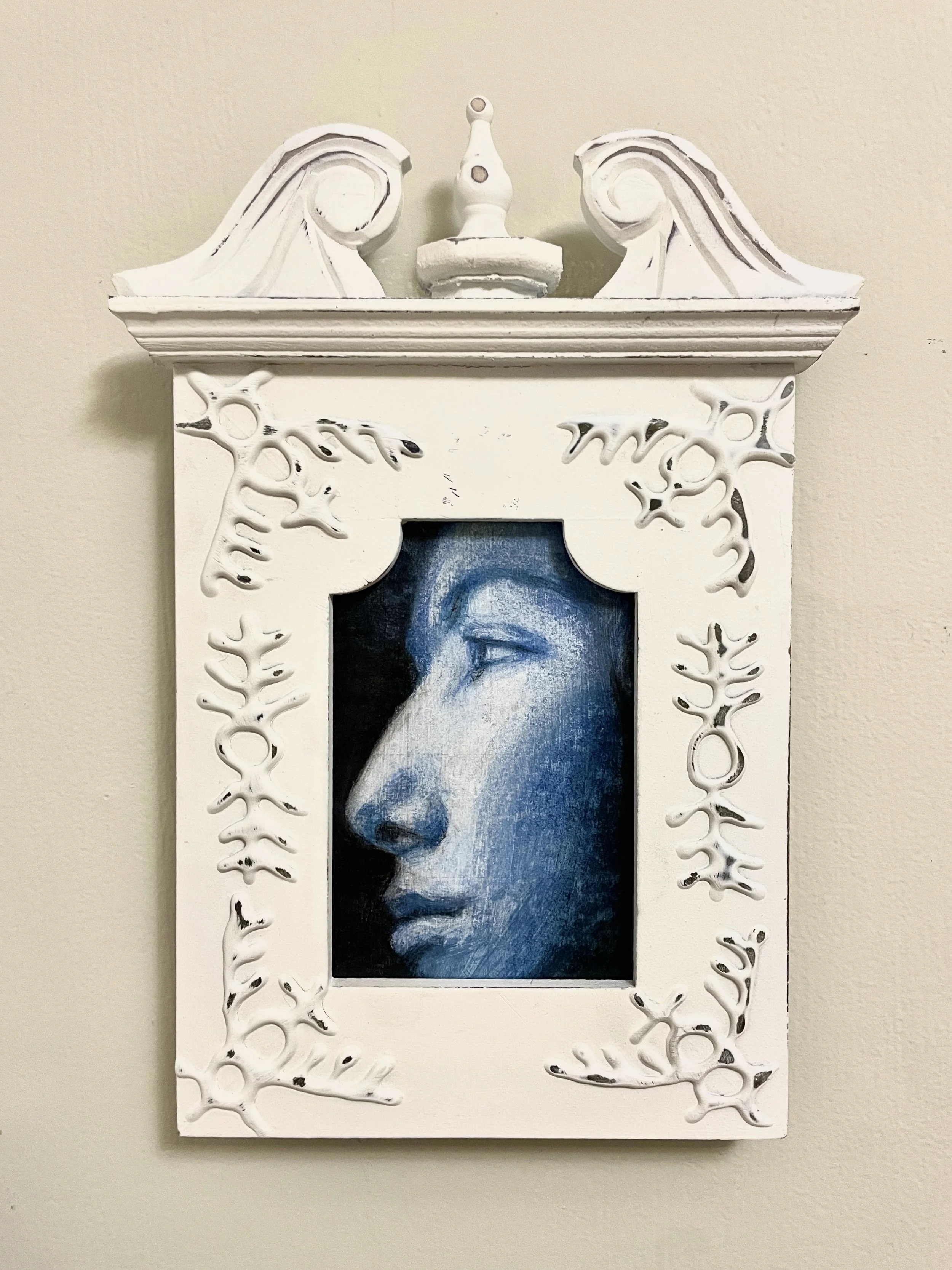 "Frozen/Self-Portrait (Frozen ver.)"
gesso and chalk pastel on cardboard
3.5"x5.25" by itself, 7.5"x10.5" in frame
2025