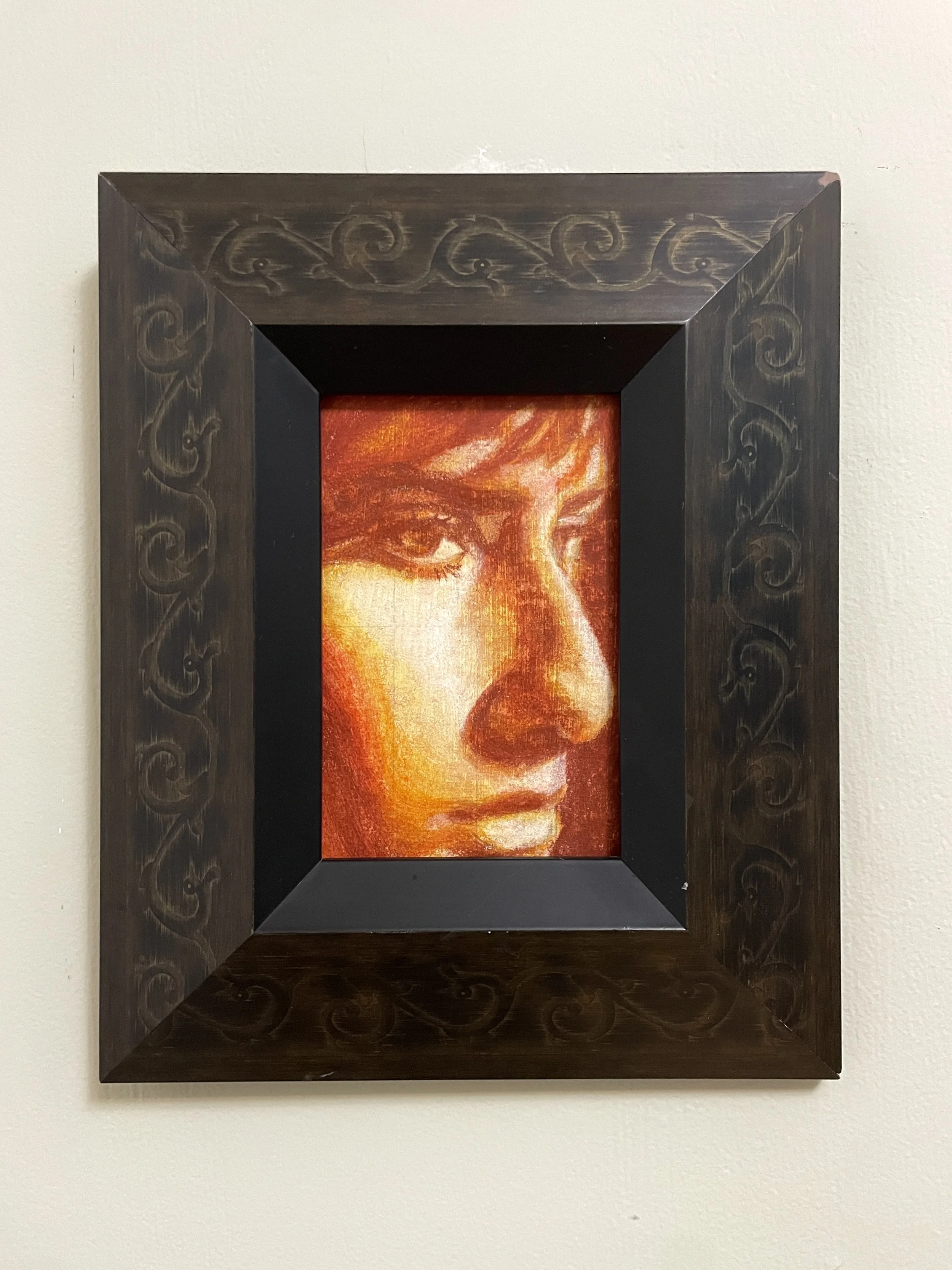 "Fever/Self-Portrait (Fever ver.)"
gesso and chalk pastel on cardboard
4"x6" by itself, 8.75"x11" in frame
2025