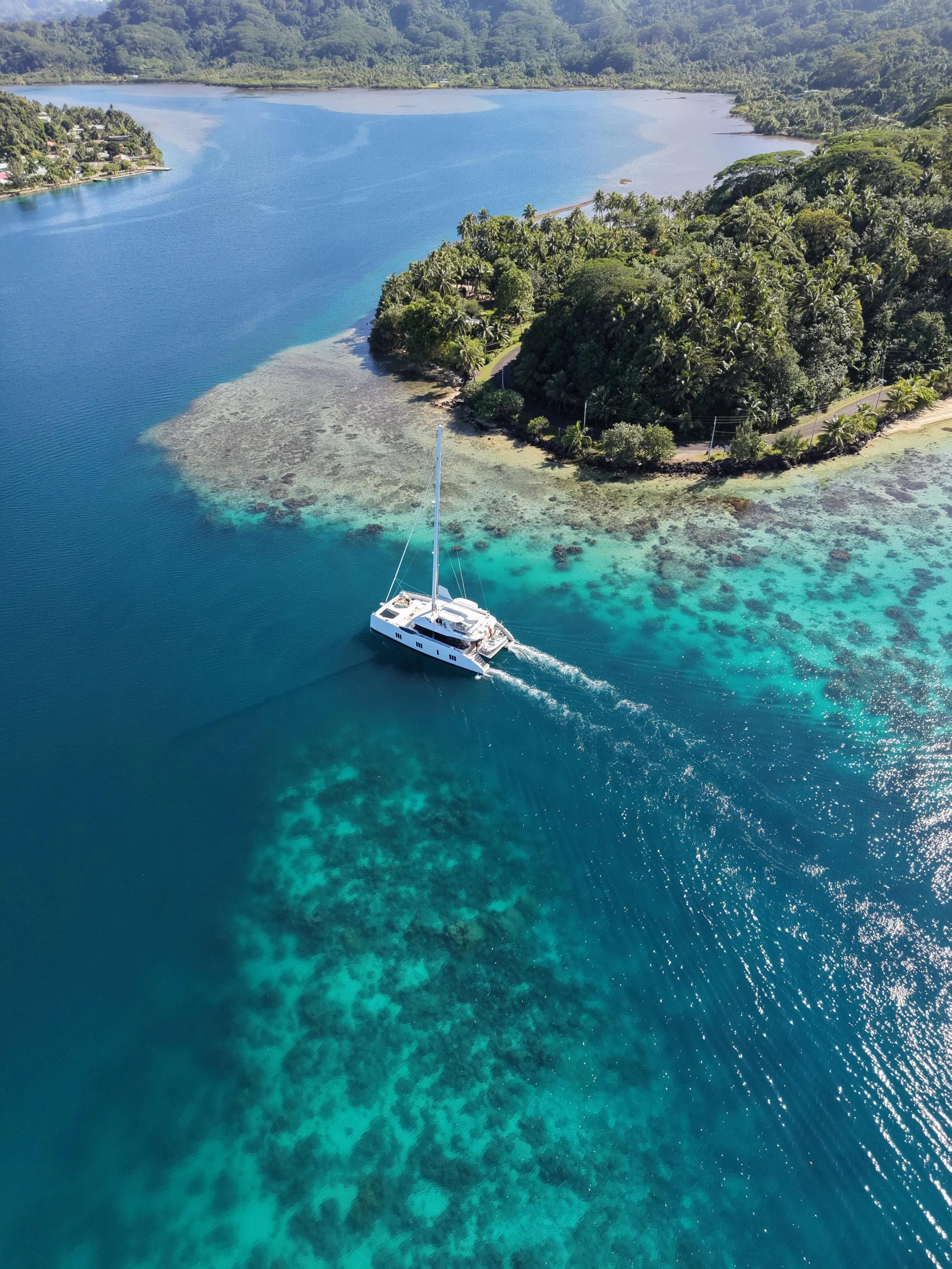 An aerial view of a white yacht sailing near a lush, green island with clear blue water and coral reefs visible underneath.