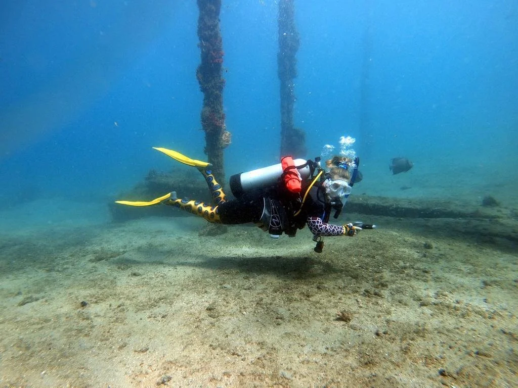 A scuba diver swimming underwater near a wooden pier with wooden posts.