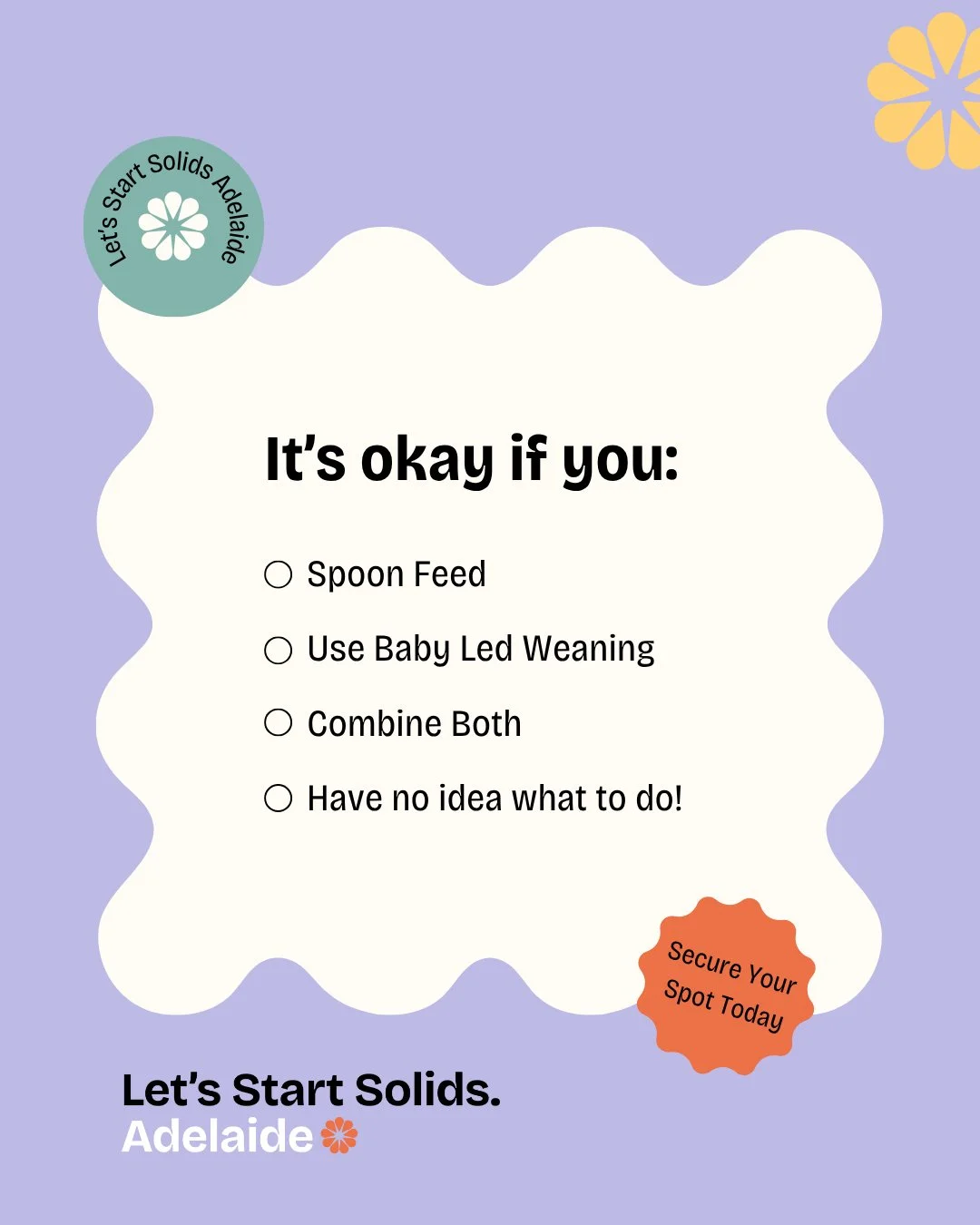 Not sure which option is for you? Let's break it down together. 🤝

At @letsstartsolidsadelaide we unmask everything you need to know about the key approaches to early feeding (no MORE, no less). 🥄🥦

We'll answer:
● What are the key approaches?
● I