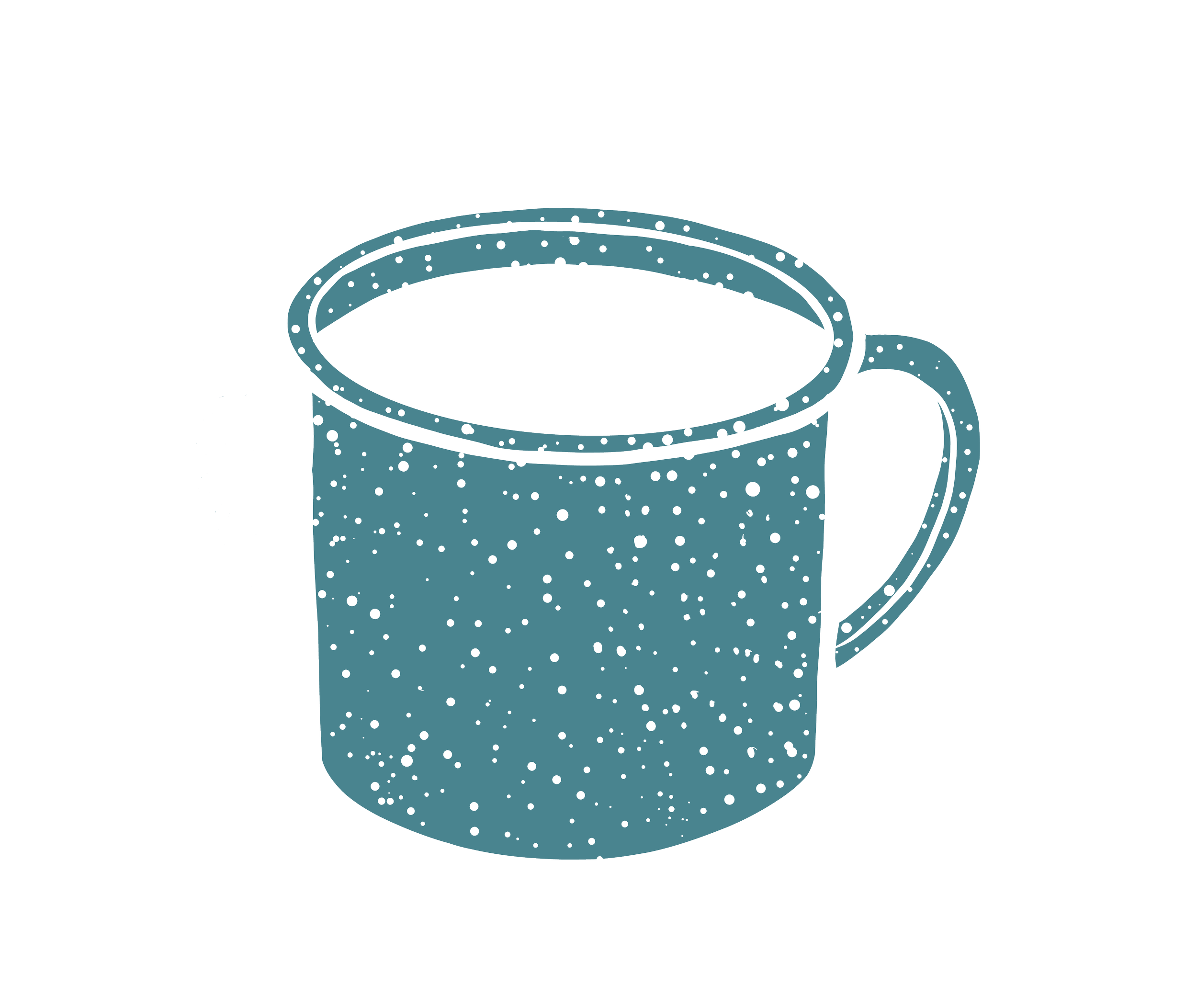 A speckled blue camp mug shown from a front angle, filled with a hot beverage.