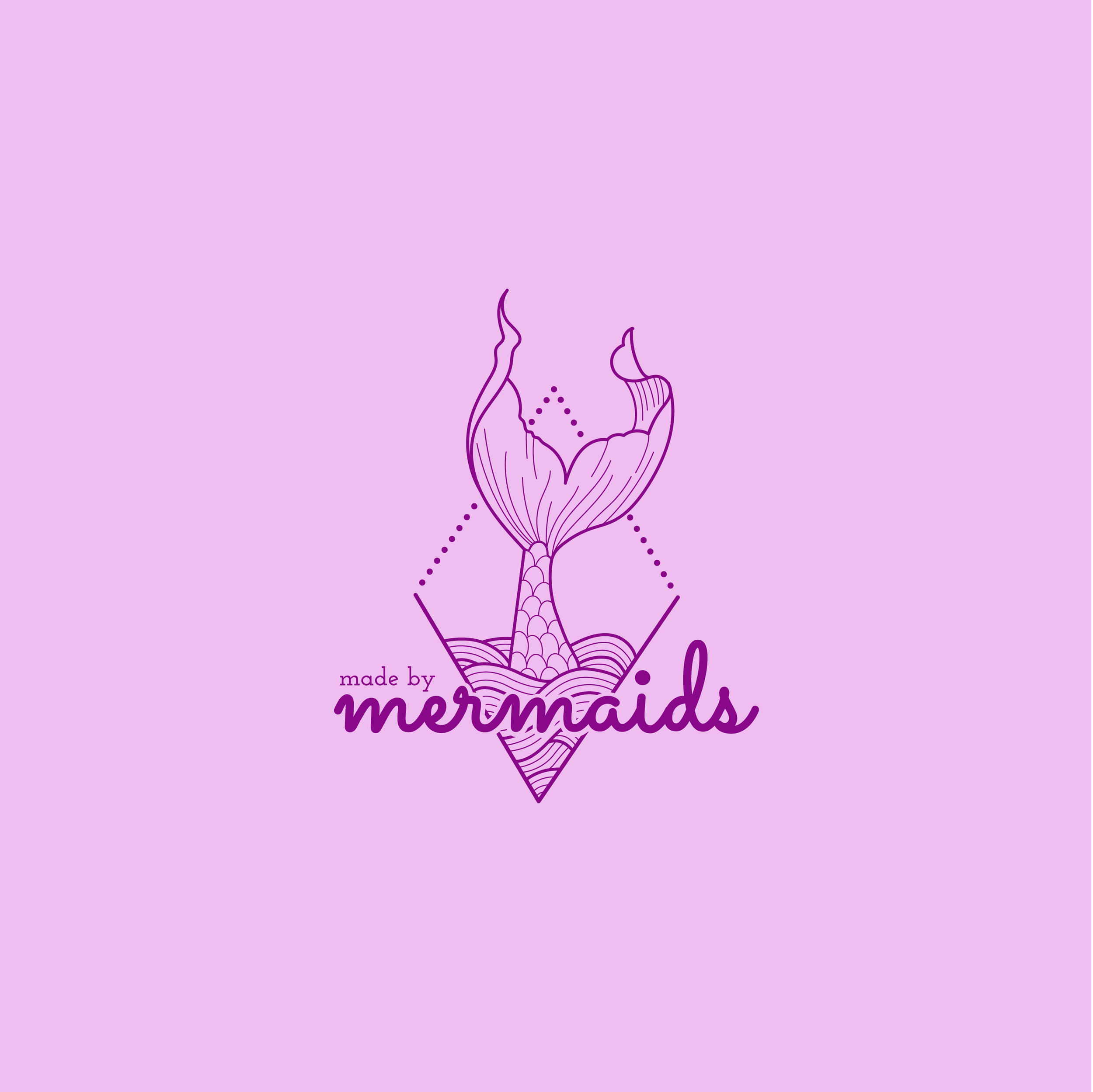 A purple line drawing of a mermaid tail emerging from the water, with the words 'made by mermaids' below in stylized font, on a light purple background.