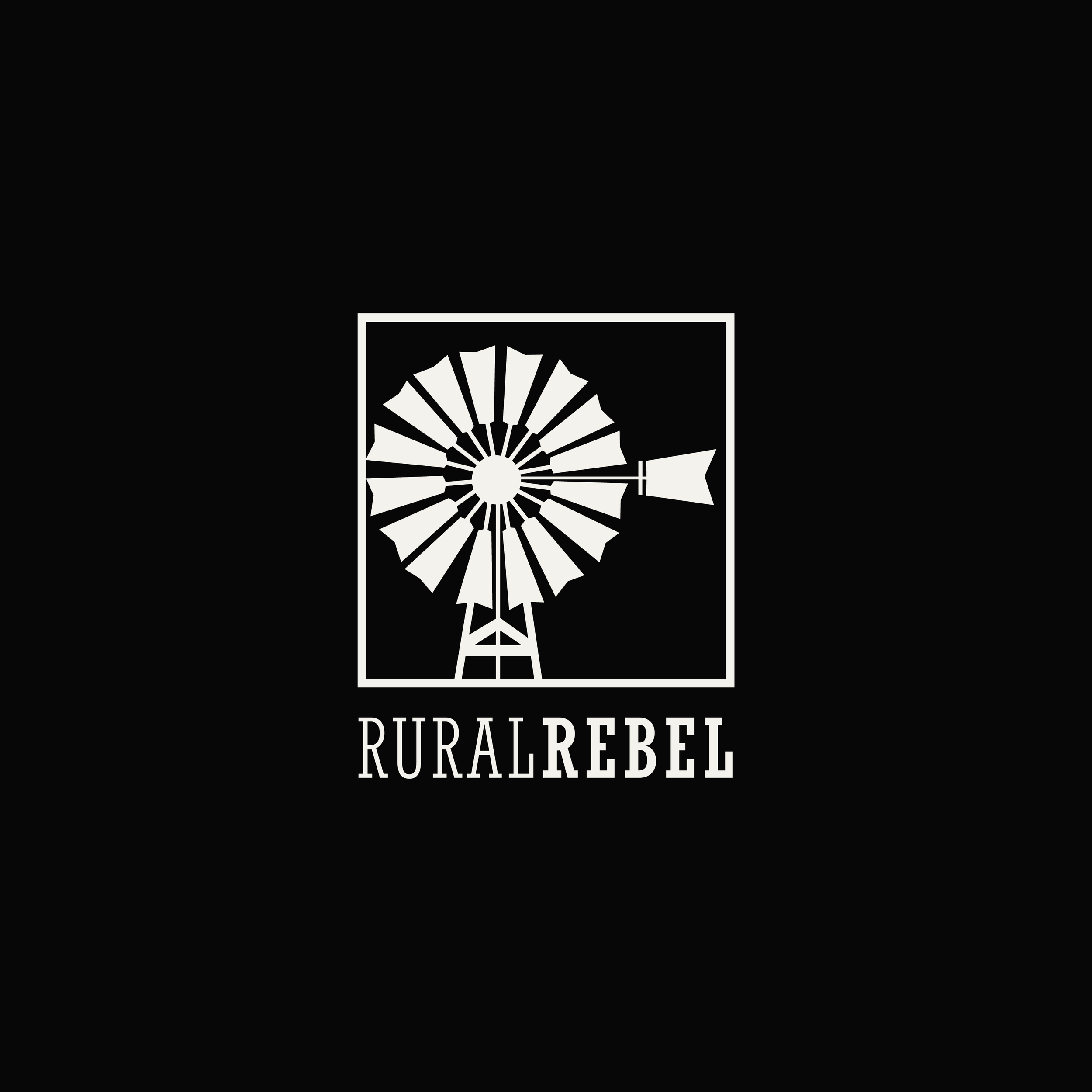 A black background with a white windmill graphic inside a square outline, and the words 'RURAL REBEL' in white text below.