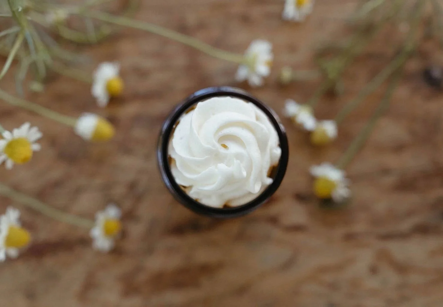 Top view of a small bottle with whipped Tallow inside, surrounded by small white daisy flowers on a wooden surface. Prairie Rose Co.