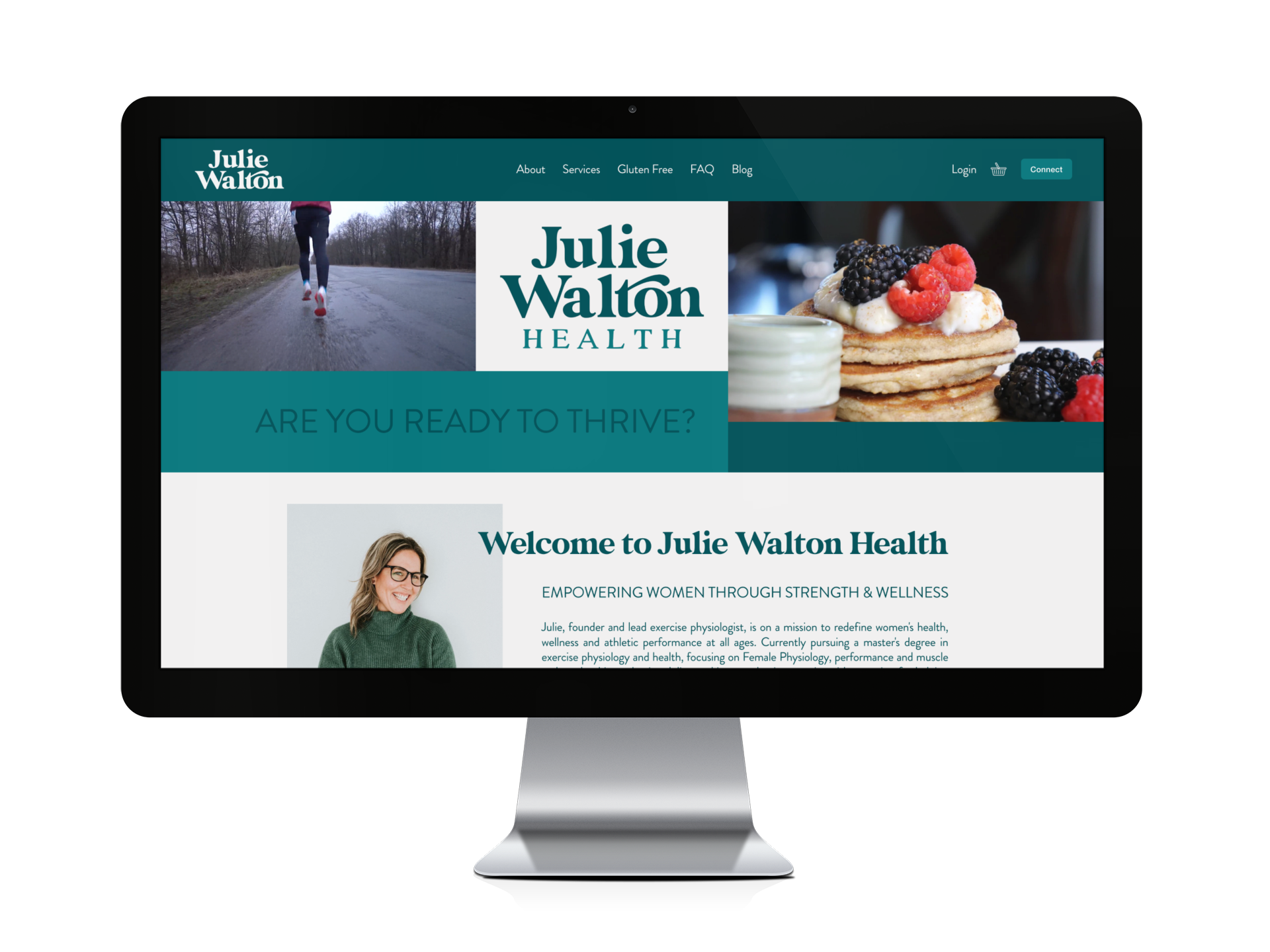 Julie Walton Health website homepage, featuring a woman jogging, a stack of pancakes with berries, and introductory text about health and wellness services.