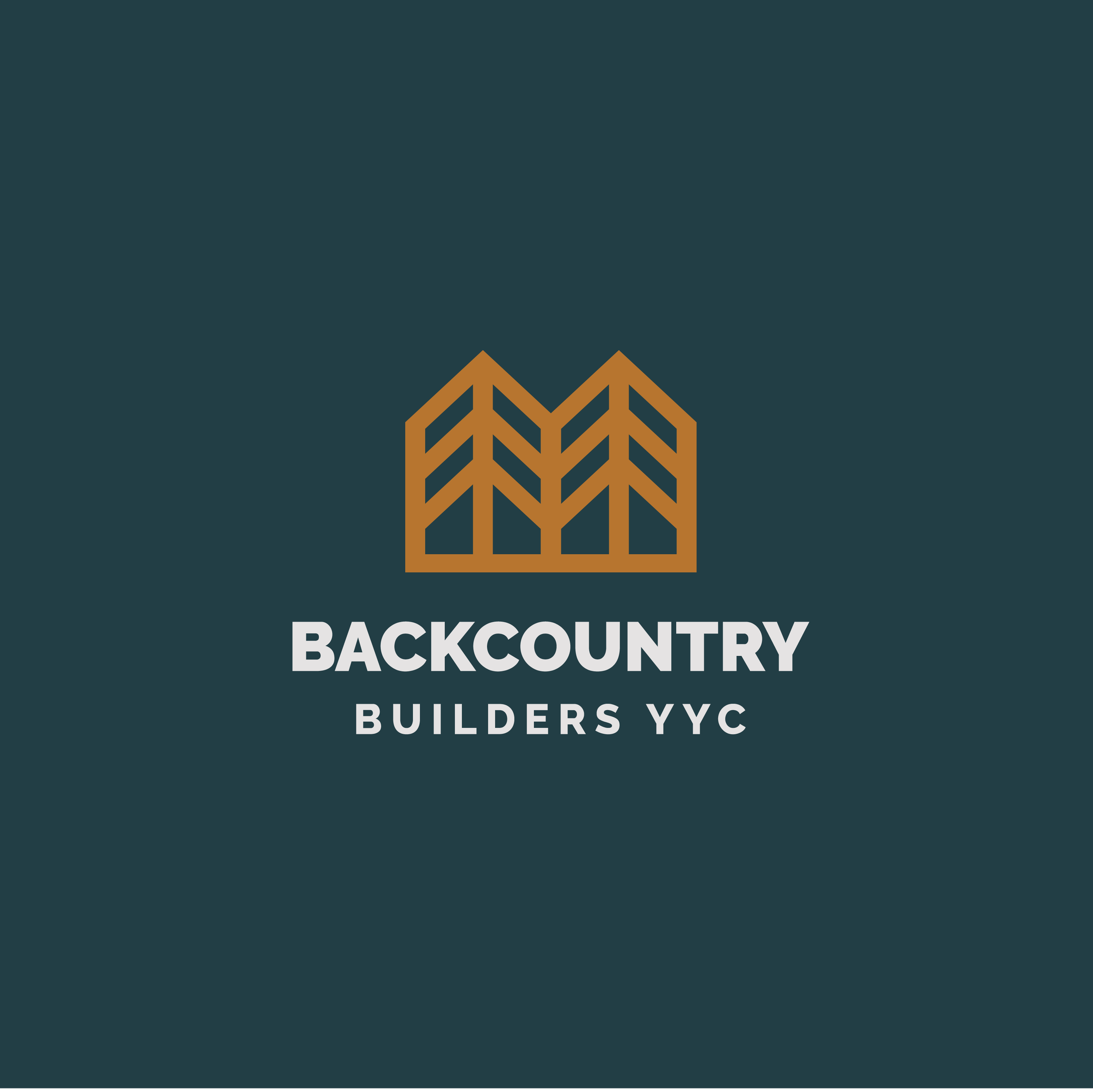 Logo for Backcountry Builders YYC featuring a stylized mountain or tree design in brown with the text 'Backcountry Builders YYC' underneath, on a teal background.