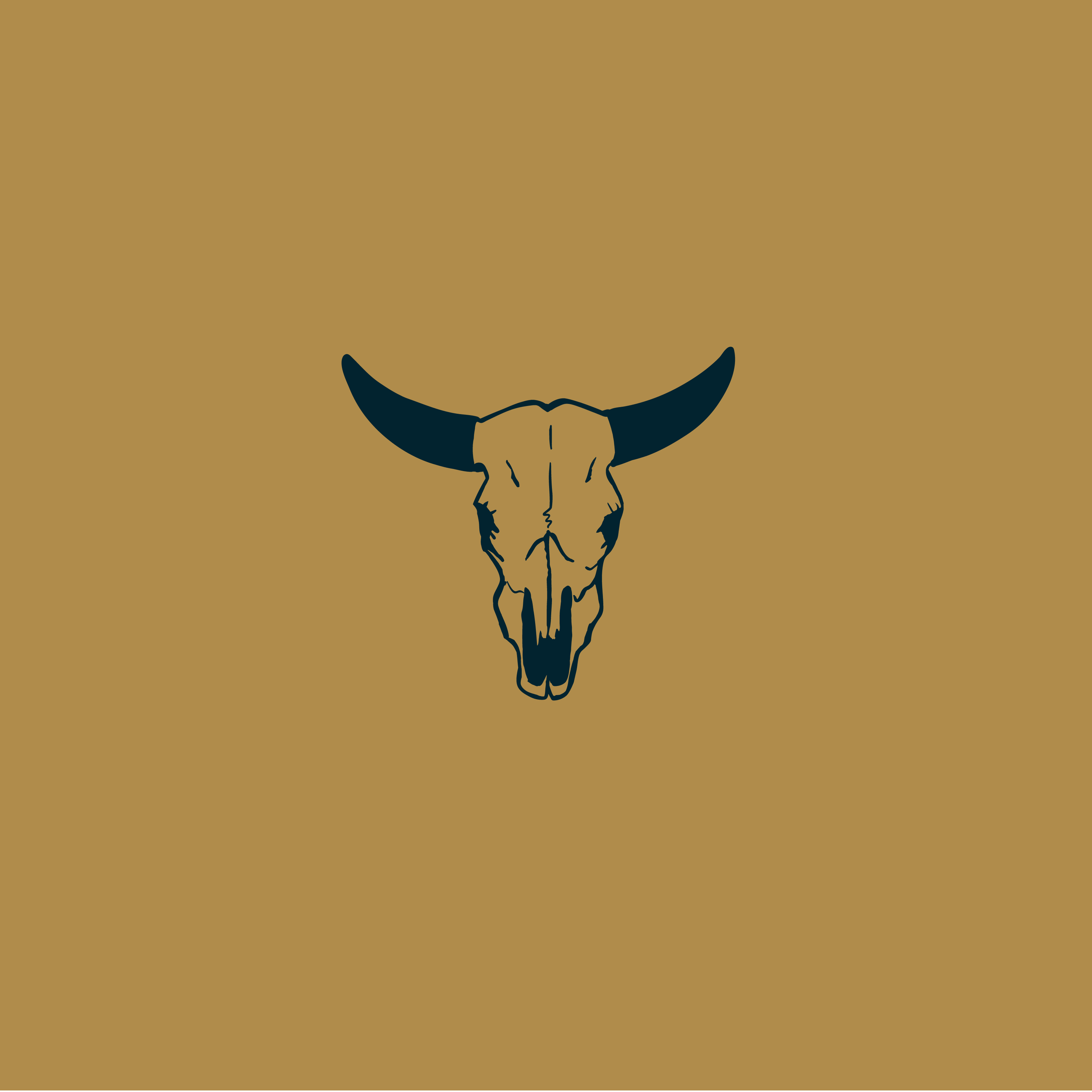 Simplified illustration of a deer skull with prominent horns on a plain brown background.