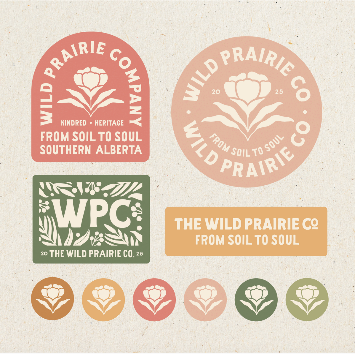 Collection of logo designs for Wild Prairie Co., featuring stylized flowers and text such as "Kindred Heritage," "From Soil to Soul," and "WPC," in earth-tone colors perfect for branding and packaging.