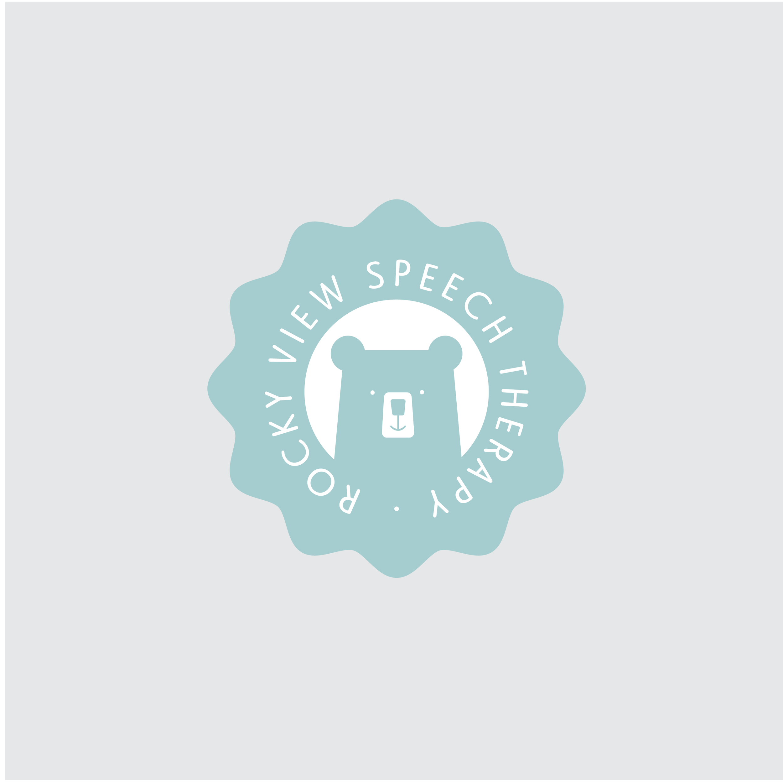 A light blue circular badge with a bear illustration in the center. The badge has white text that reads "ROCKY VIEW SPEECHTHERAPY" encircling the bear.