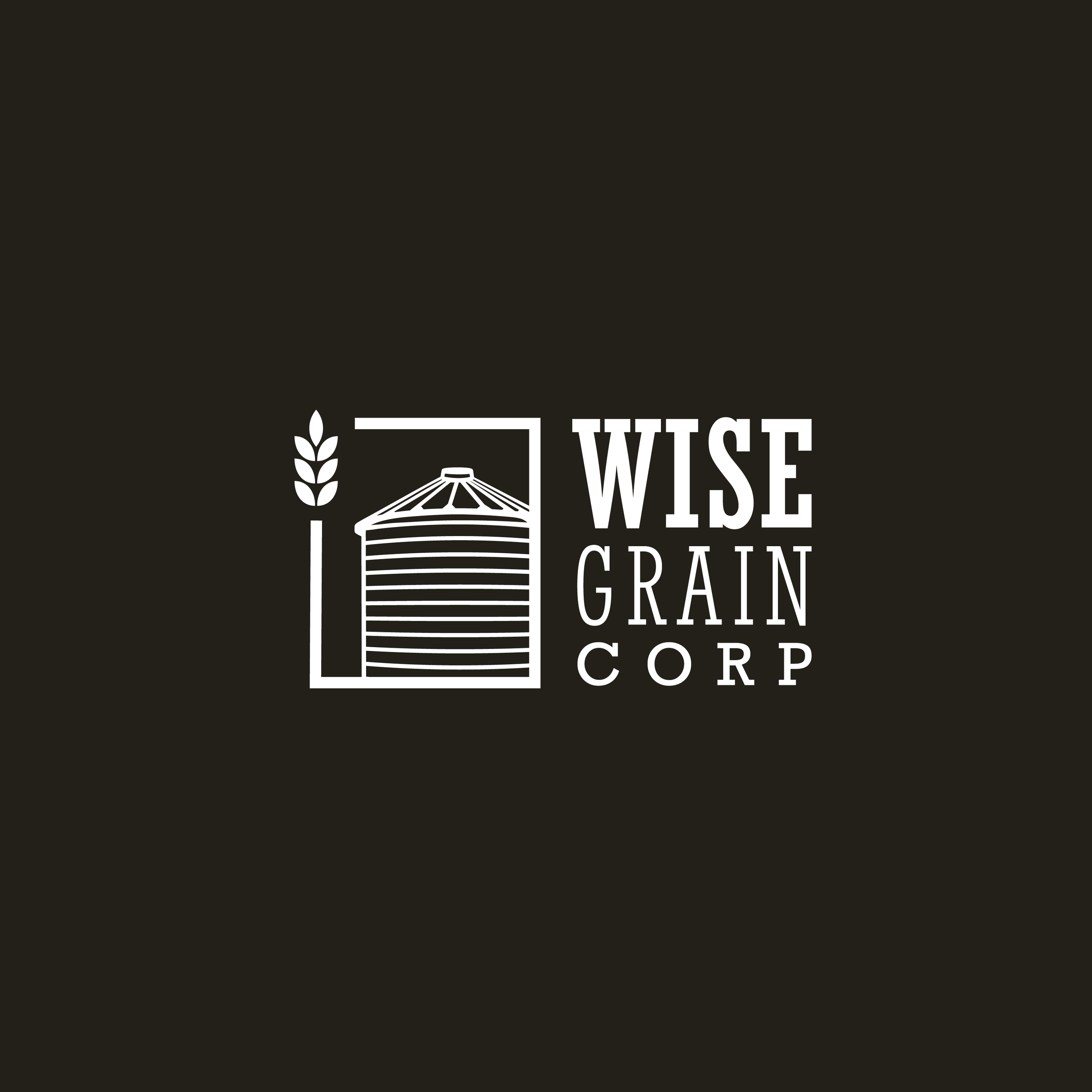 Logo for Wise Grain Corp featuring a grain silo and a wheat stalk on a black background.