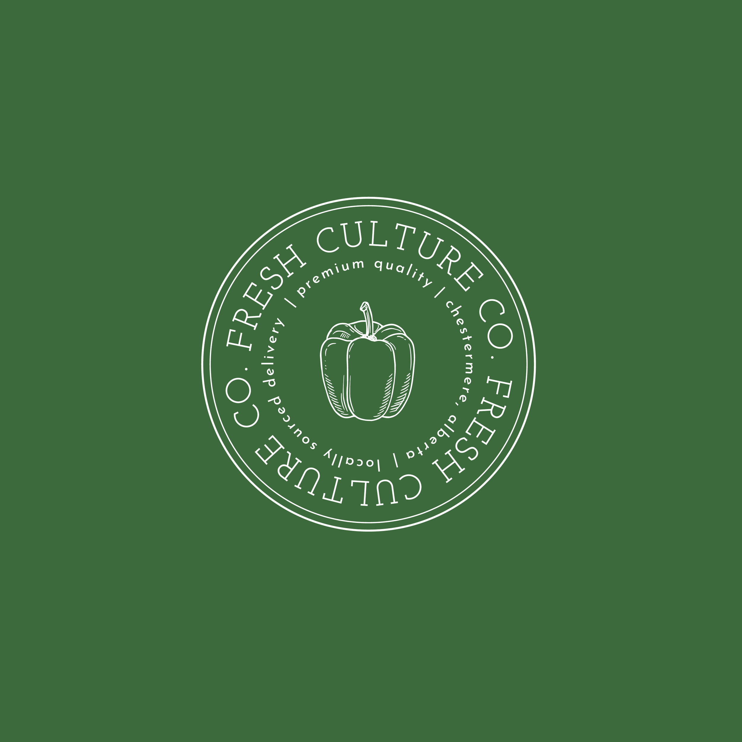Green background with a white circular logo in the center featuring a sketch of a bell pepper. The logo text reads around the circle: "FRESH CULTURE CO. FRESH CULTURE CO. LOCALITY SOURCED, DELIVER, PREMIUM QUALITY, CHESTERMERE, ALBERTA."