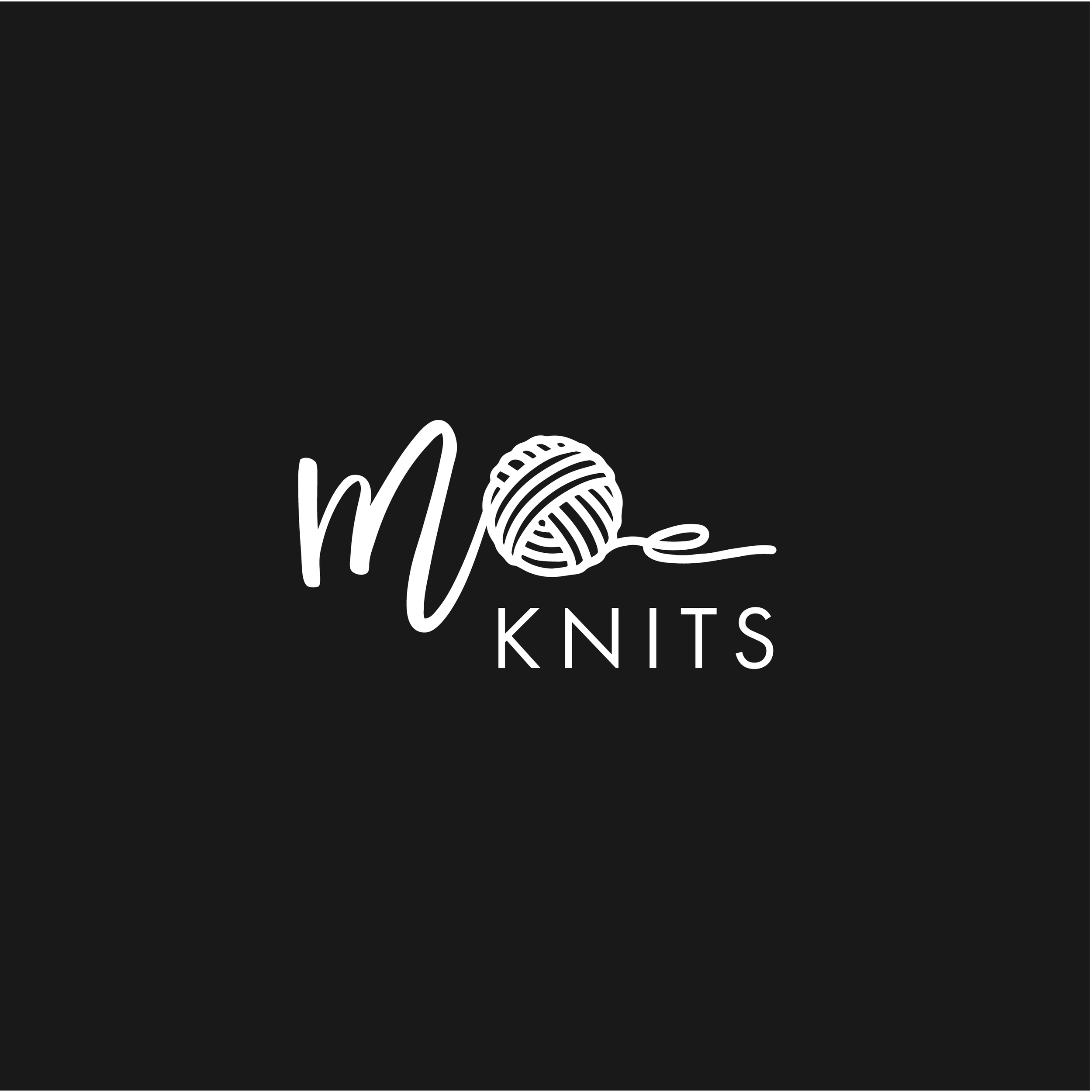 Logo for 'Mo Knits,' featuring a ball of yarn and knitting needle in black and white.