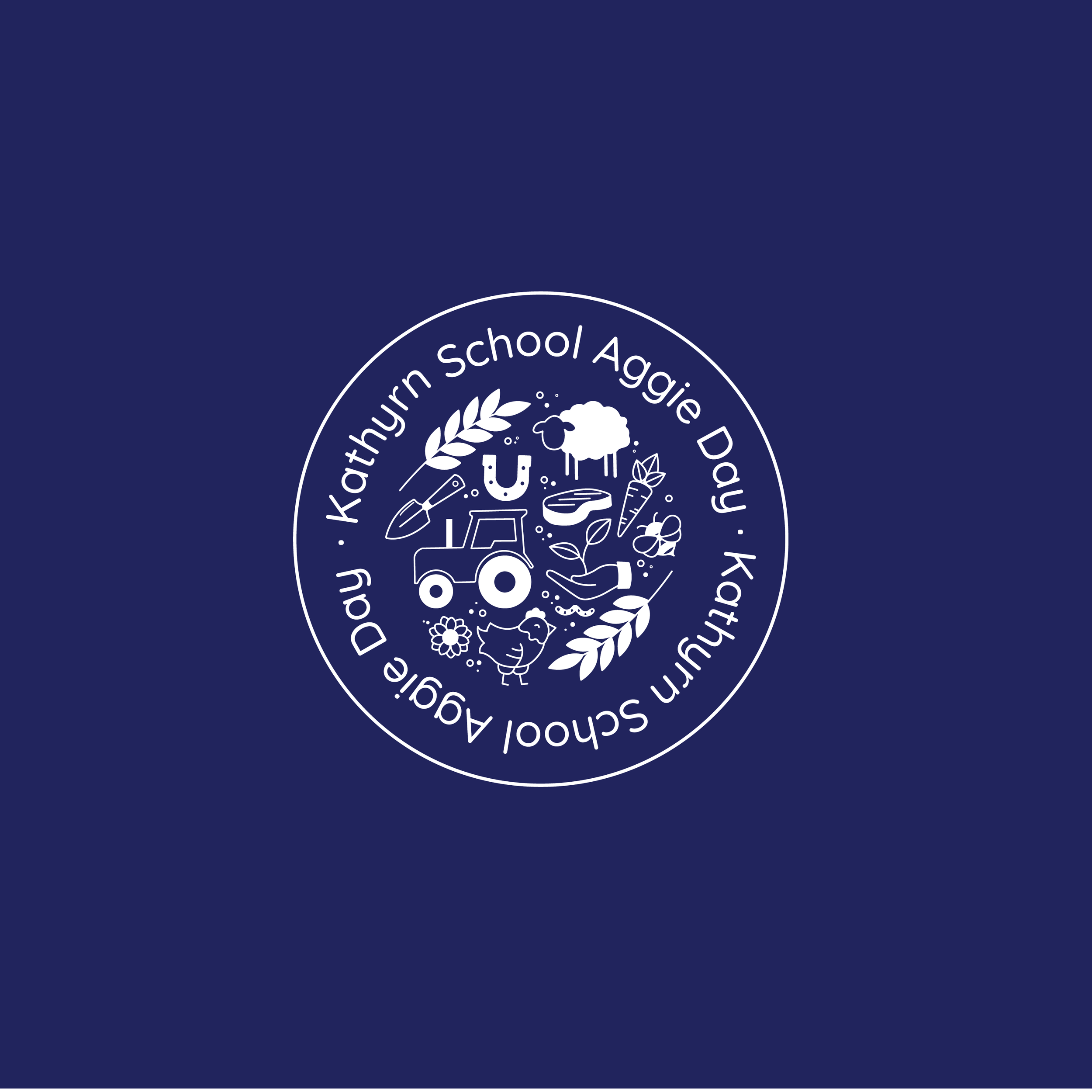 Logo for Kathyrn School Aggie Day featuring a tractor, farm animals, fruits, vegetables, and farming tools.