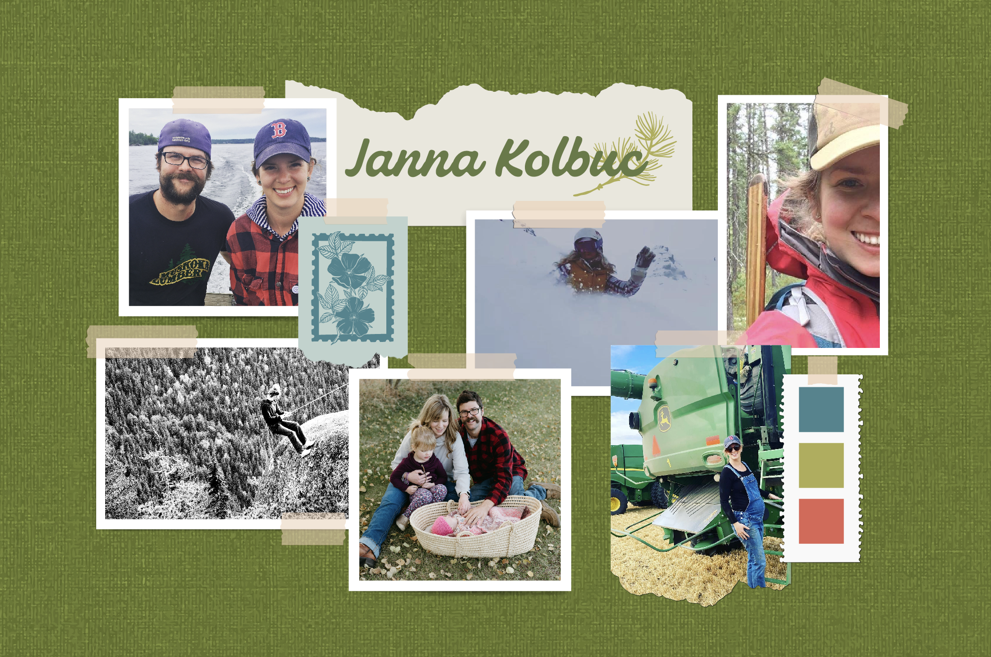 Collage of photos featuring a woman named Janna Kolbuc with family outdoors, including a lakeside picture, a snow rescue, a forest scene, and a pumpkin patch, with decorative elements and color palette