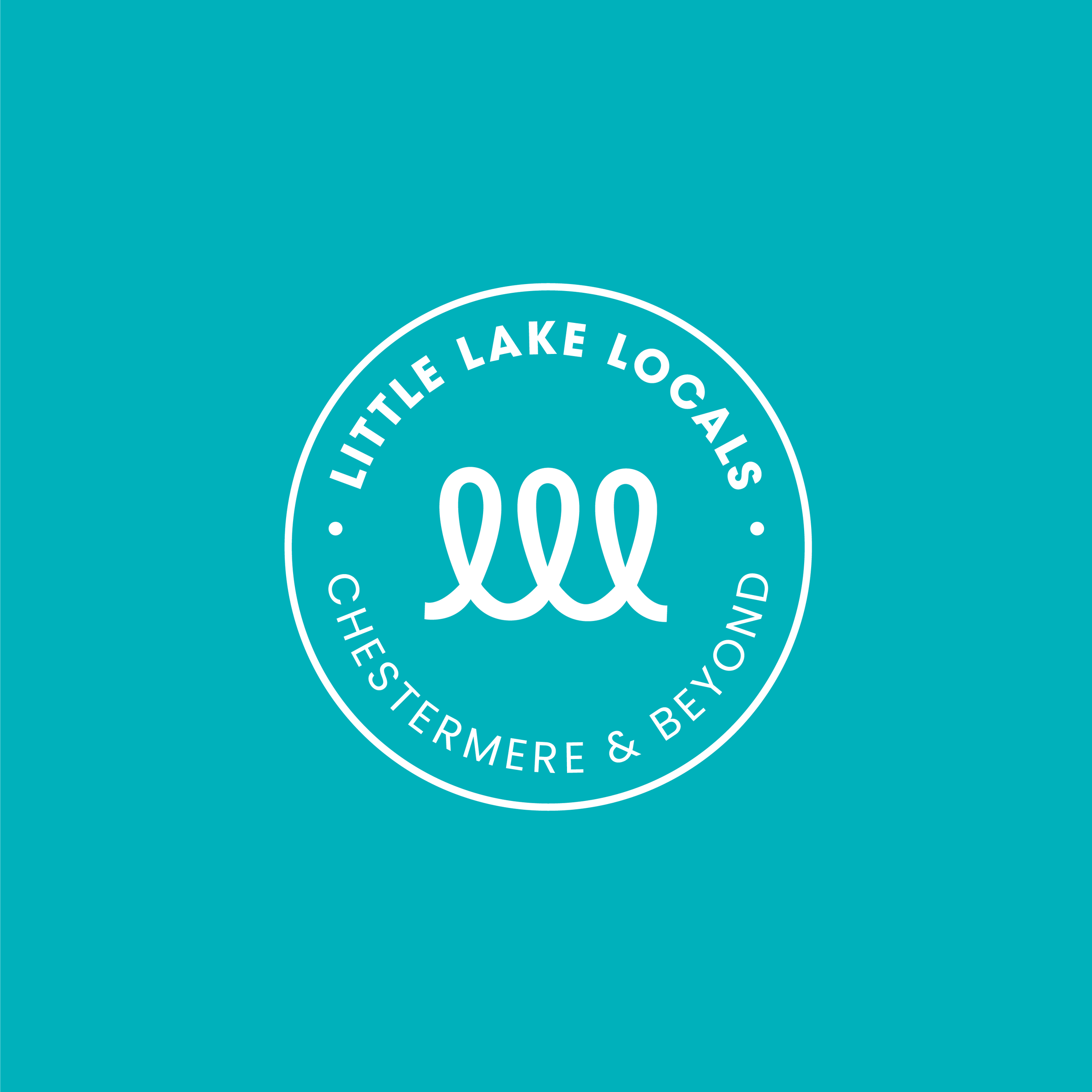 A circular badge with white text on a teal background. The text reads 'Little Lake Locals' at the top, 'Chestermere & Beyond' at the bottom, and features a stylized drawing of a lake or water waves in the center.