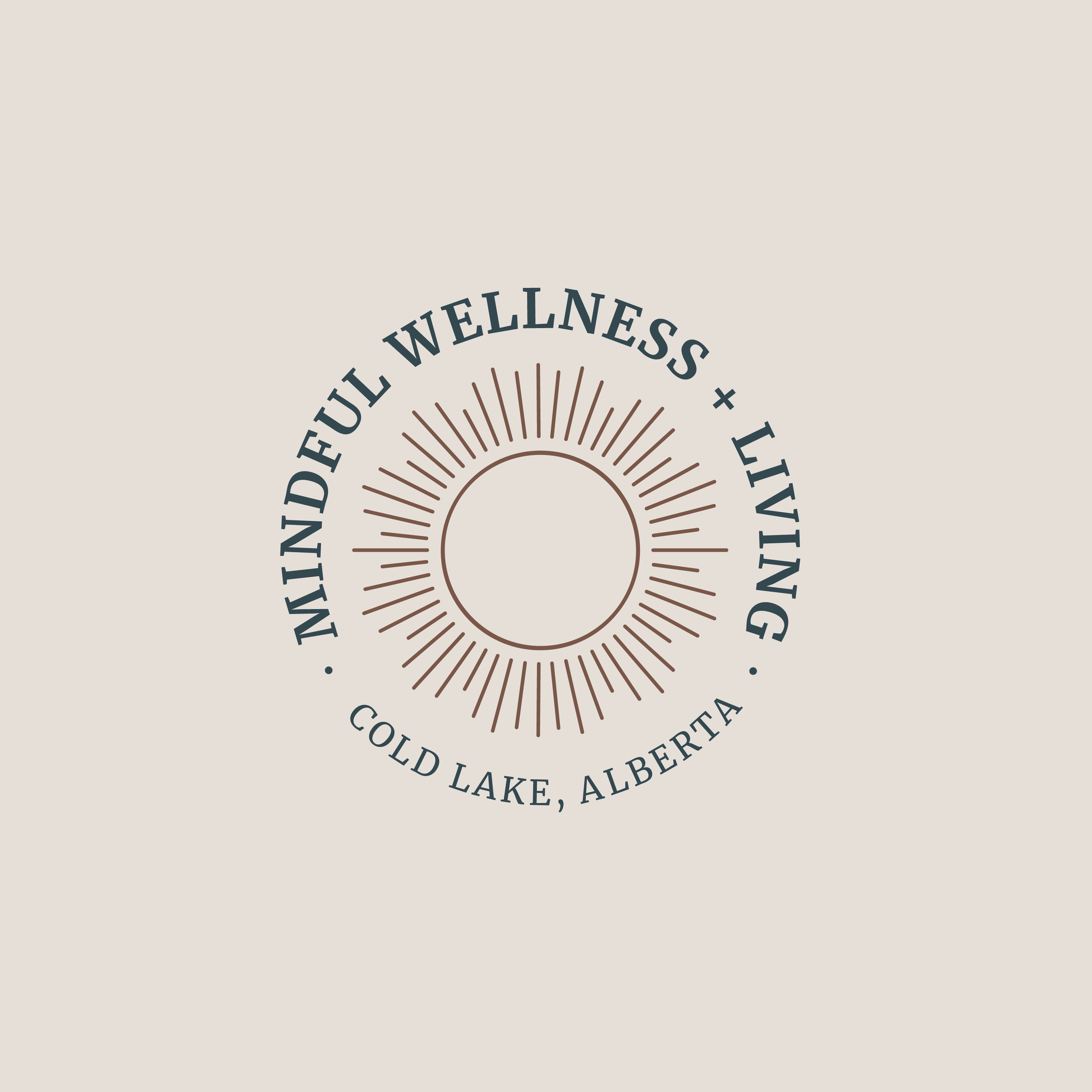 A circular logo with a sunburst design in the center and the text 'Mindful Wellness + Living' around the top, with 'Cold Lake, Alberta' at the bottom, on a beige background.