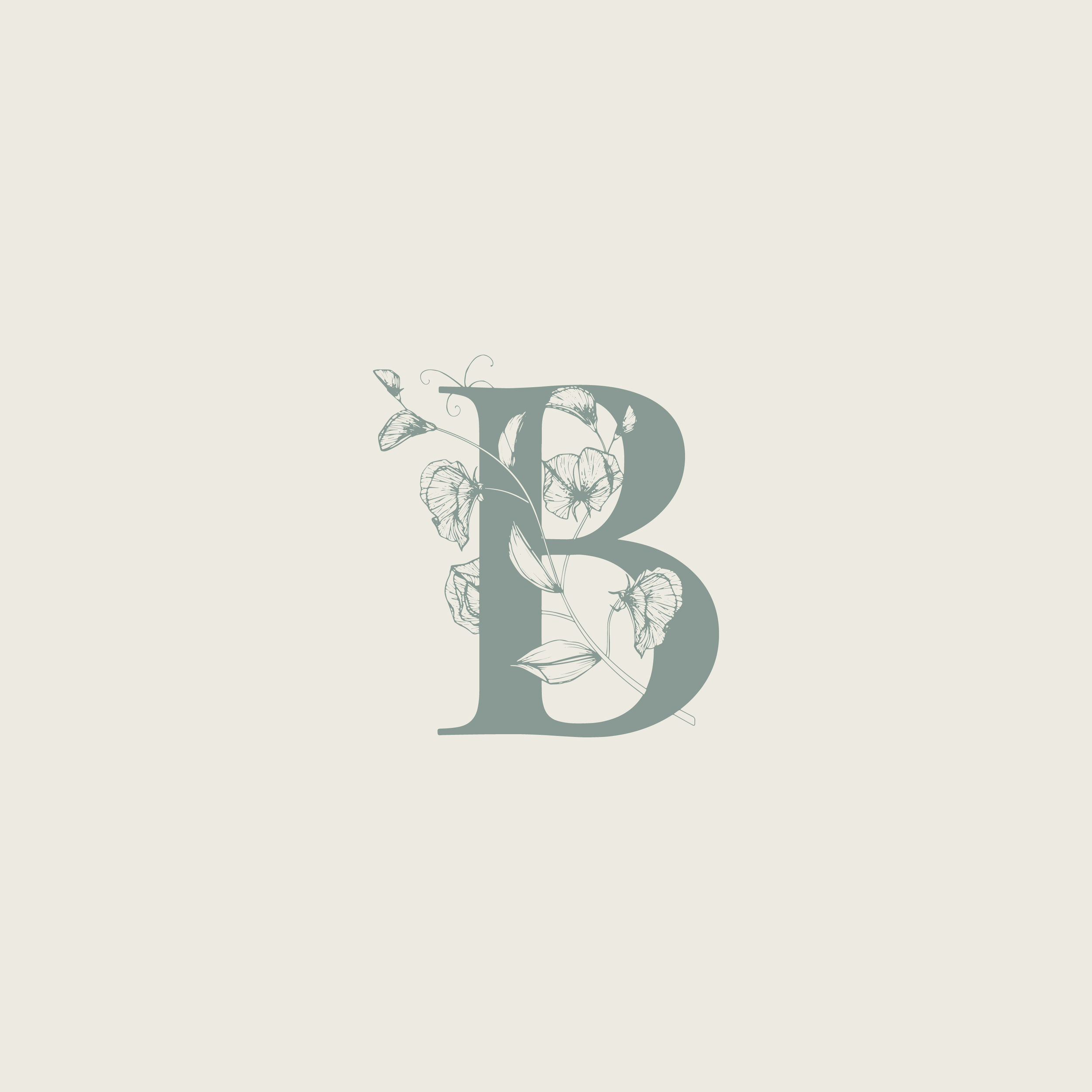A decorative letter B with floral and leaf patterns on a light background.