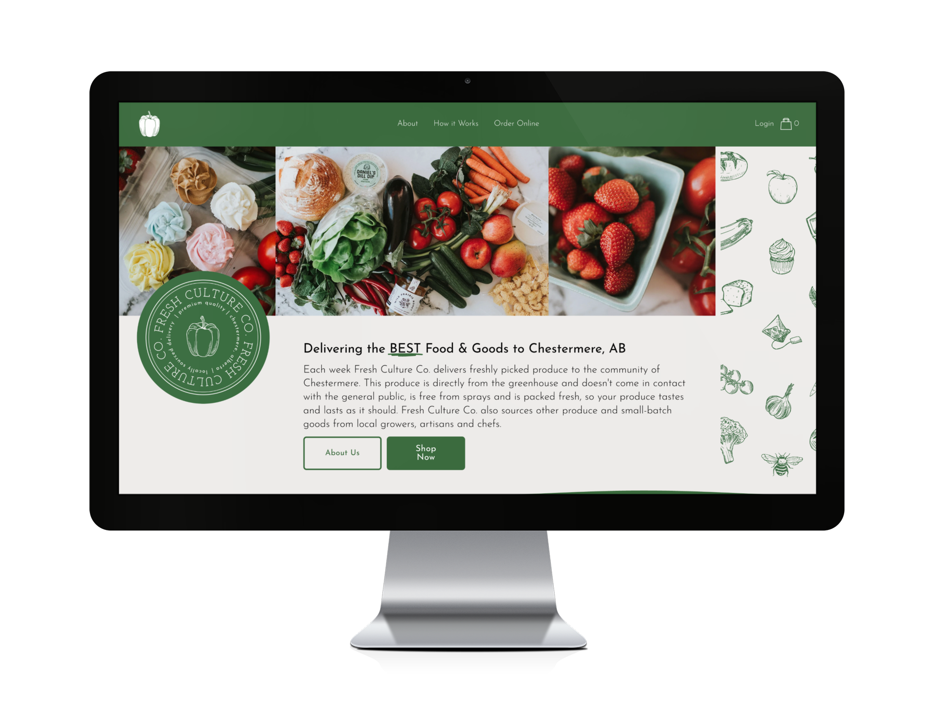 Computer monitor displaying a website for Fresh Culture Co. featuring a green and white color scheme, images of fresh produce and baked goods, and a logo with a bell pepper icon.