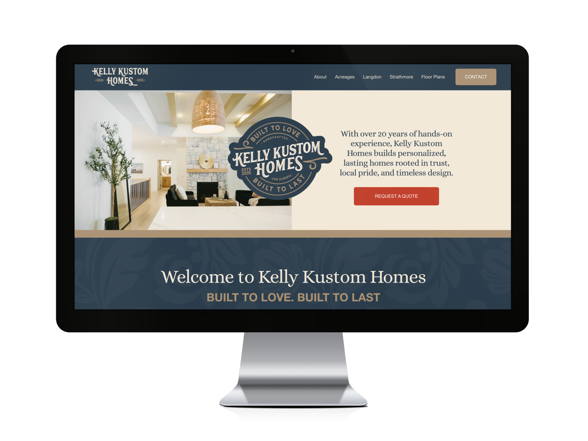 Kelly Kustom Homes website homepage, showing a interior living room with white walls, a fireplace, and a plant, alongside text about their handcrafted, personalized homes and a red request a quote button.