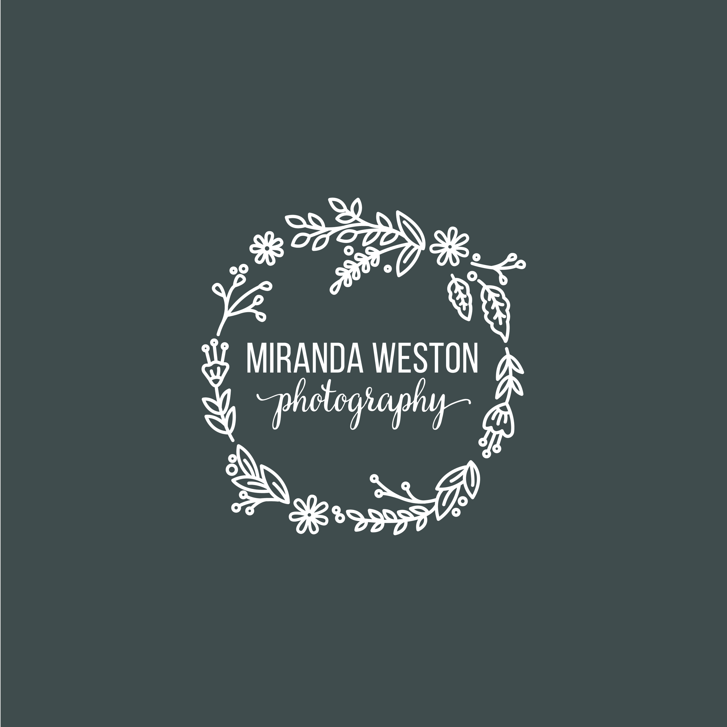Logo for Miranda Weston Photography featuring a white floral wreath on a dark background with the text 'Miranda Weston Photography' inside.