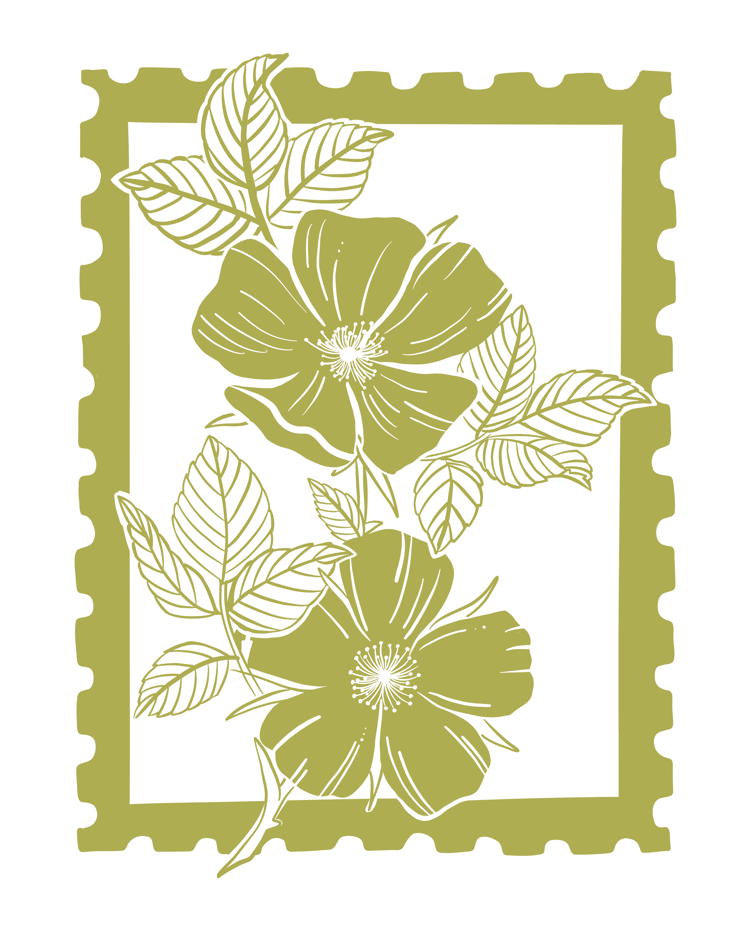 Illustration of two large flowers with leaves inside a stylized postage stamp border, color scheme of light yellow and black.