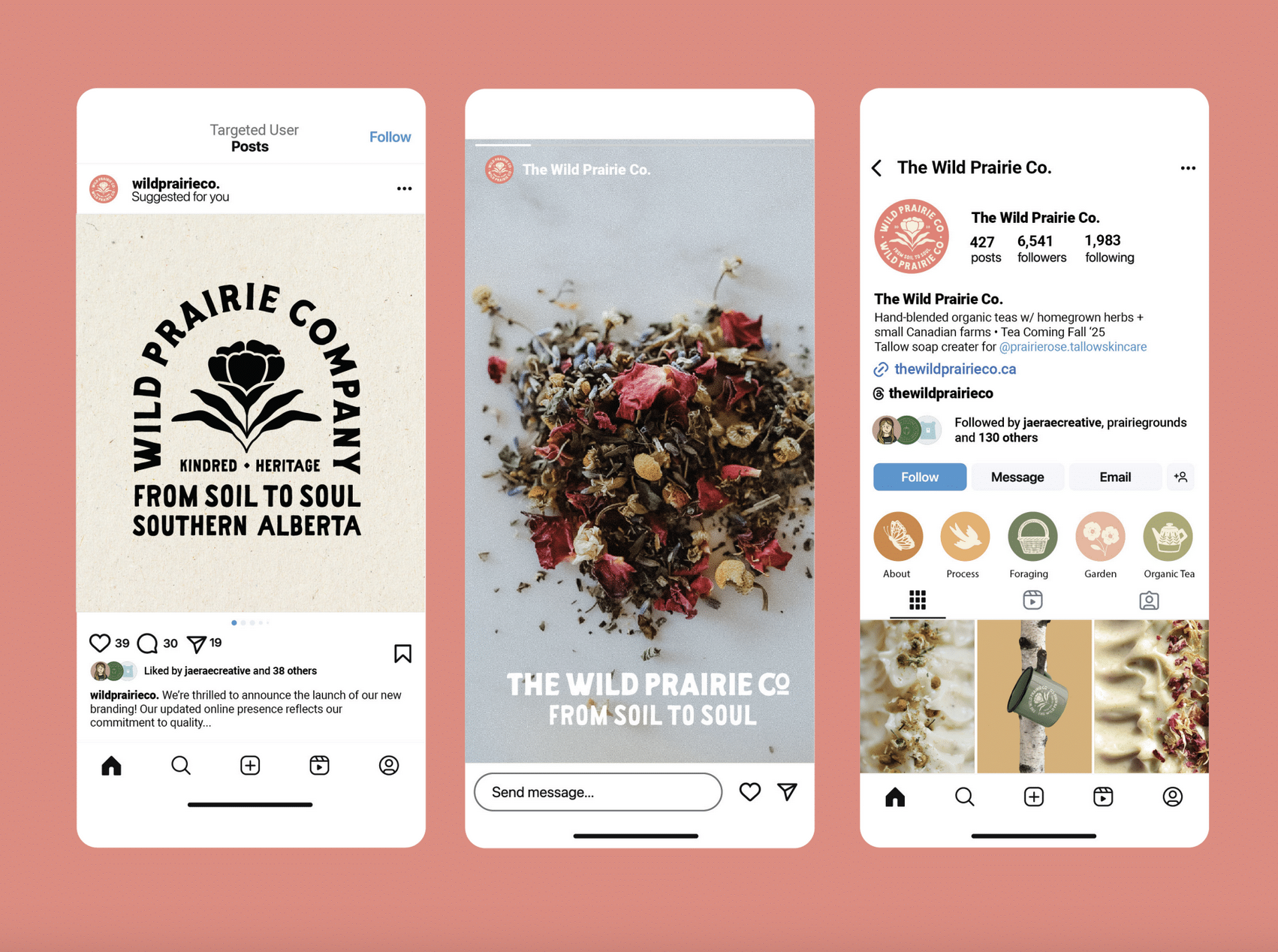 Three mobile phone screens displaying social media posts from The Wild Prairie Co., featuring images and branding related to organic teas and herbal blends from Southern Alberta.
