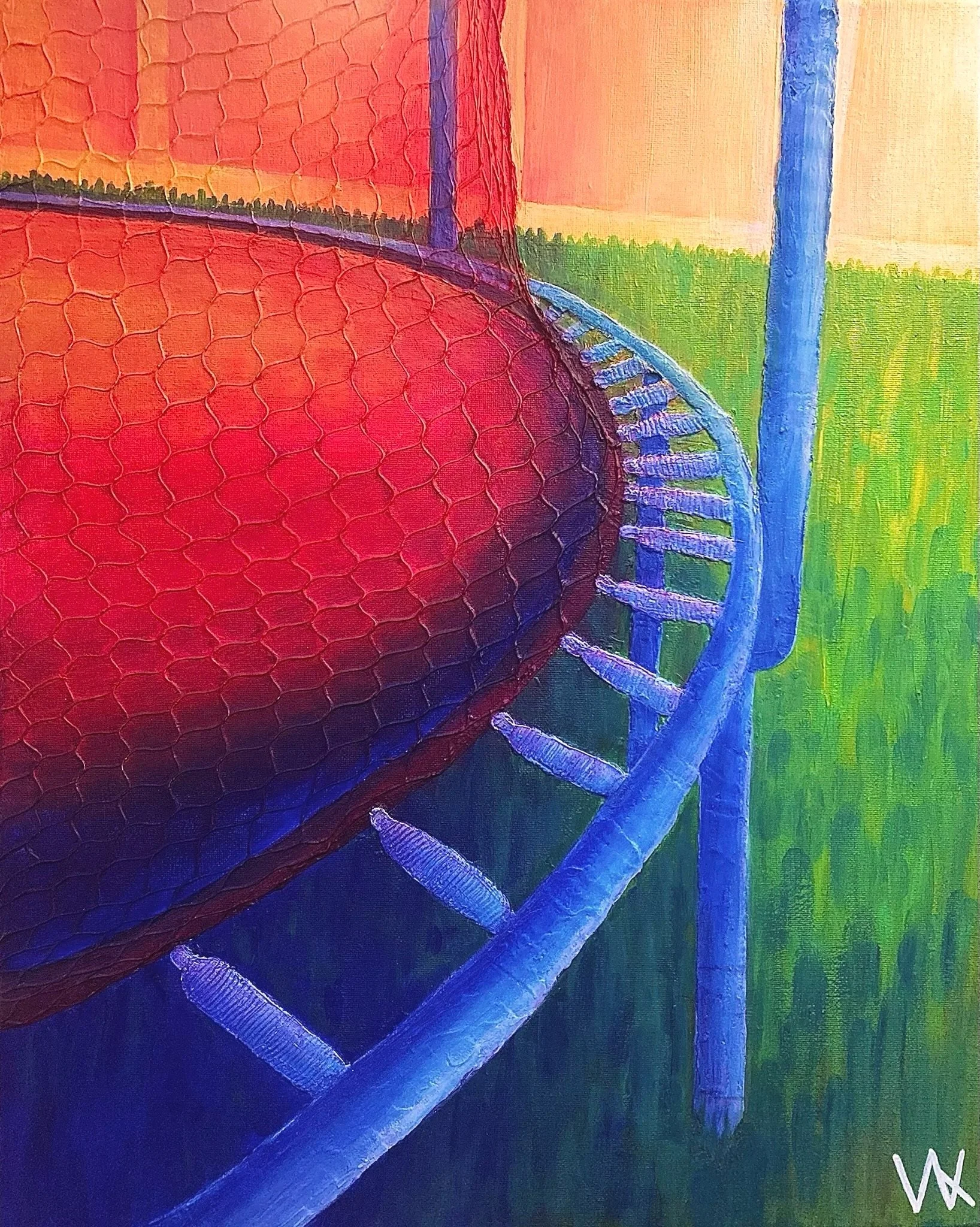 Trampoline: 16in x 20in (acrylic, spackle, net on canvas)