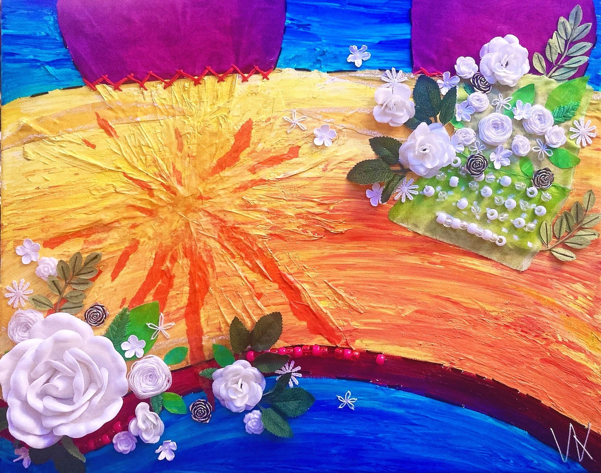 Science Class: 20in x 16in (acrylic, tissue paper, fabric, string, beads on canvas)