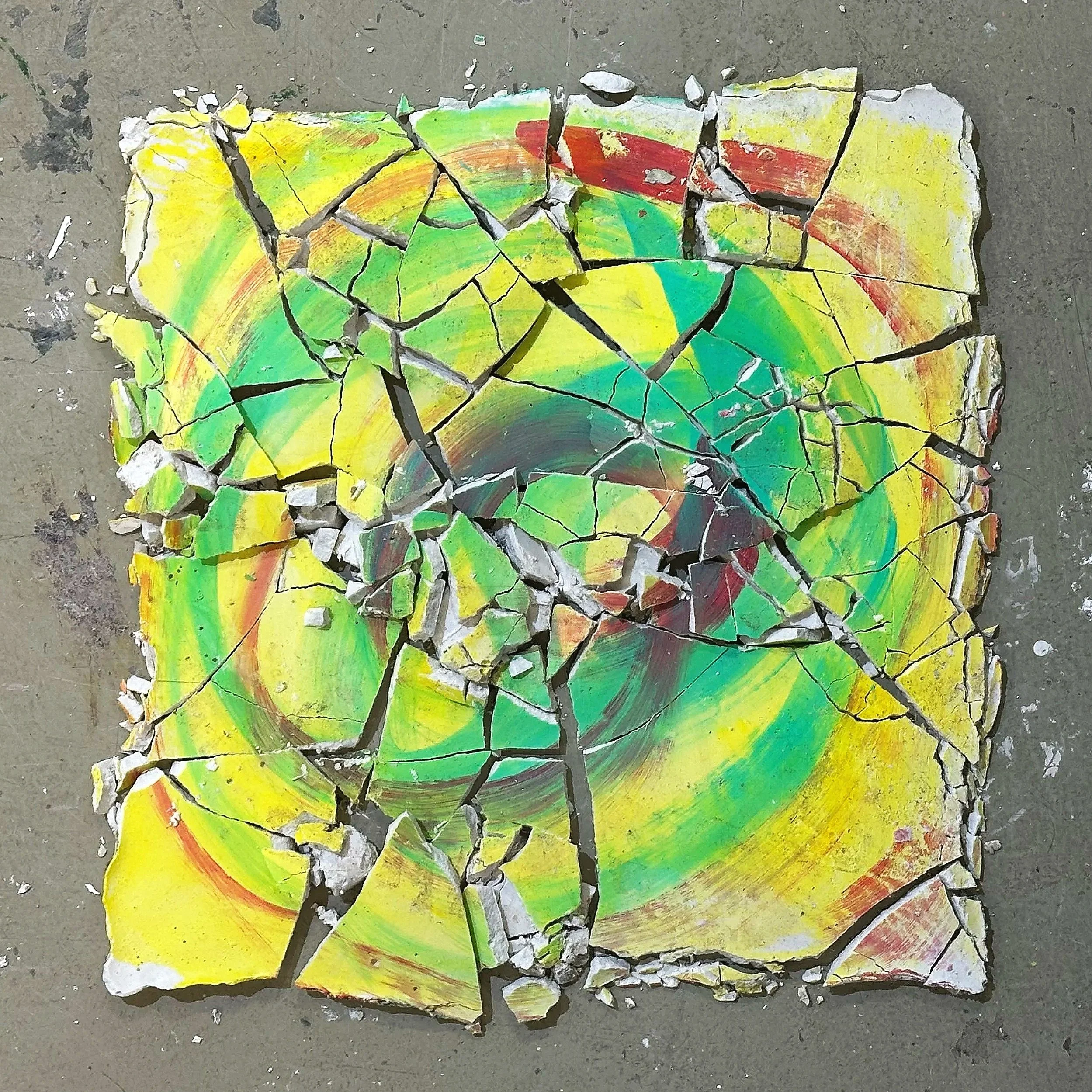 ~12in x ~12in x 0.5in (acrylic paint on plaster)