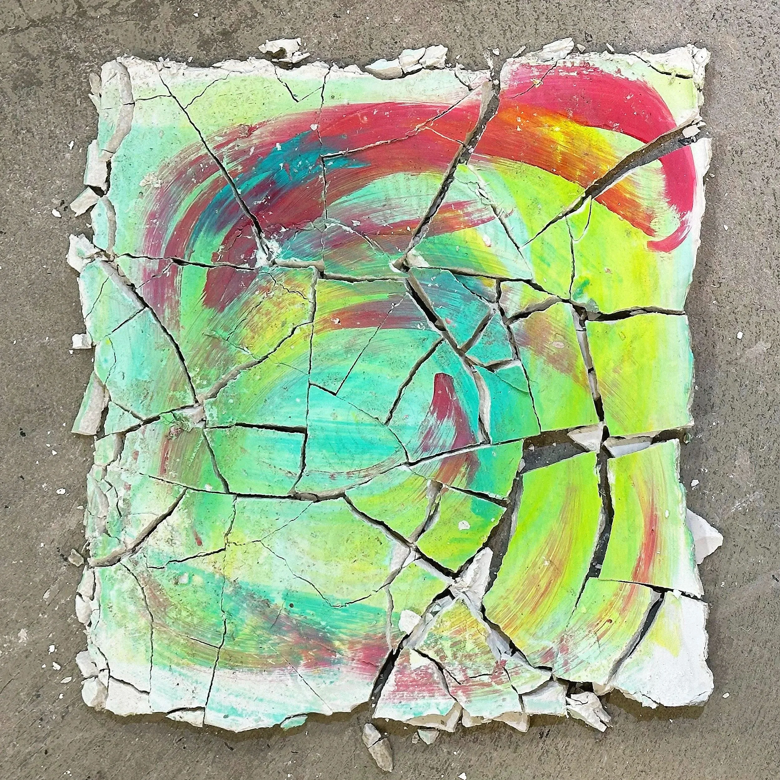 ~12in x ~12in x 0.5in (acrylic paint on plaster)
